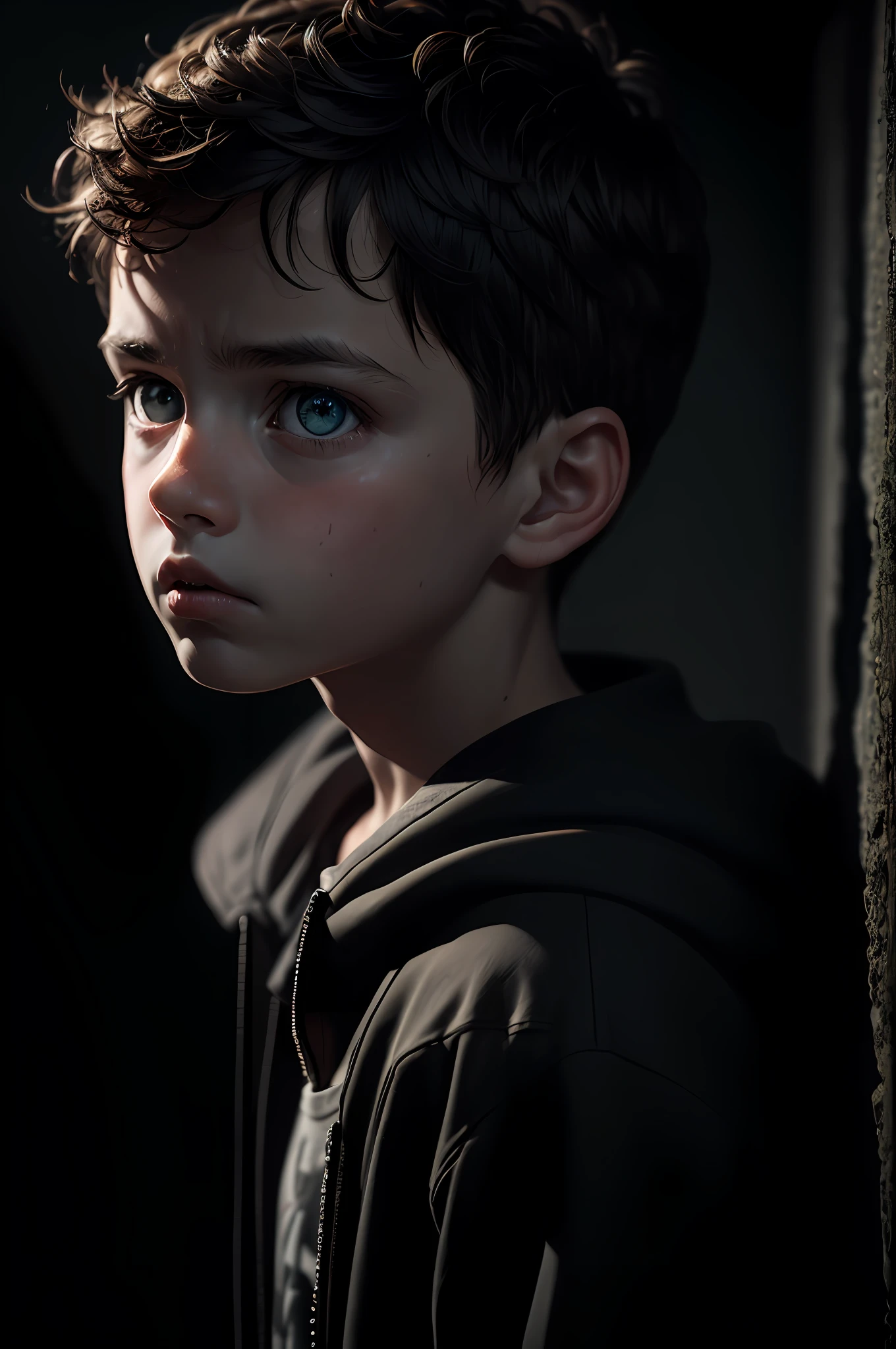 (sharp focus:1.2), an award-winning shot of a casual boy kid, thunderstorm outside, dull backlighting, extremely detailed skin, sadness, hopelessness, bleary eyes, (deep shadows:1.1), high contrast, beautiful eyes, absurd, 8k, (high quality: 1.3), , artstation hd, concept art, detailed face and body, award winning photography, (moody lighting:1.2), depth of field , bokeh, 4K, HDR