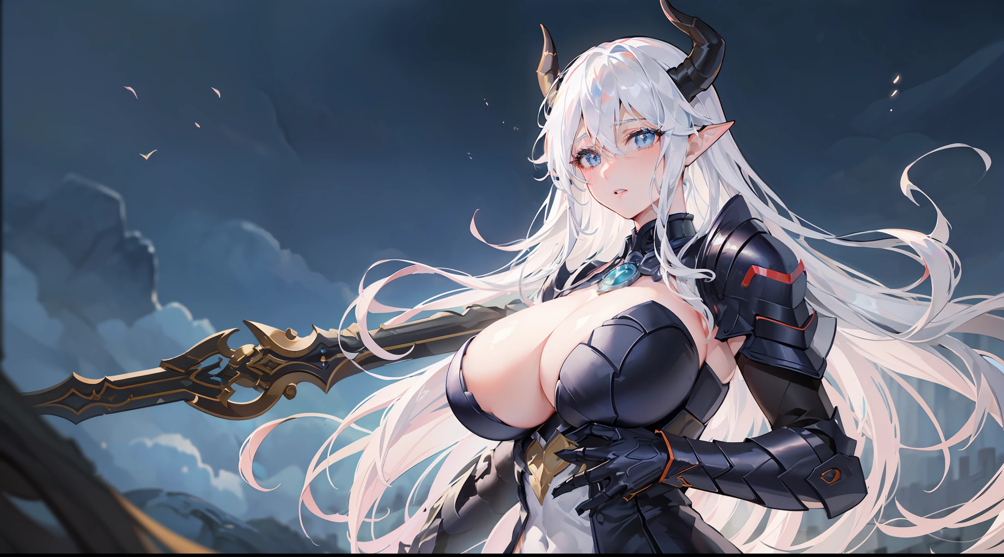 (RAW photo, best quality, mastery:1.2), (realistic, photo-realistic:1.4),(masterpiece:1.4),(best quality:1.4),1girl, solo, anatomy correct,Correct number of fingers,Cinematic lighting effects,Cinematic lighting effects,Contre-Jour,Super detailed face,detailed lips,Detailed eyes,Look square,looks into camera,(Two eyes with the same style,Eyes of the same size),二重まぶた,Larger breasts,(gigantic cleavage breasts,Bewitching body:1.2),white color hair,There are dragon horns on the head,