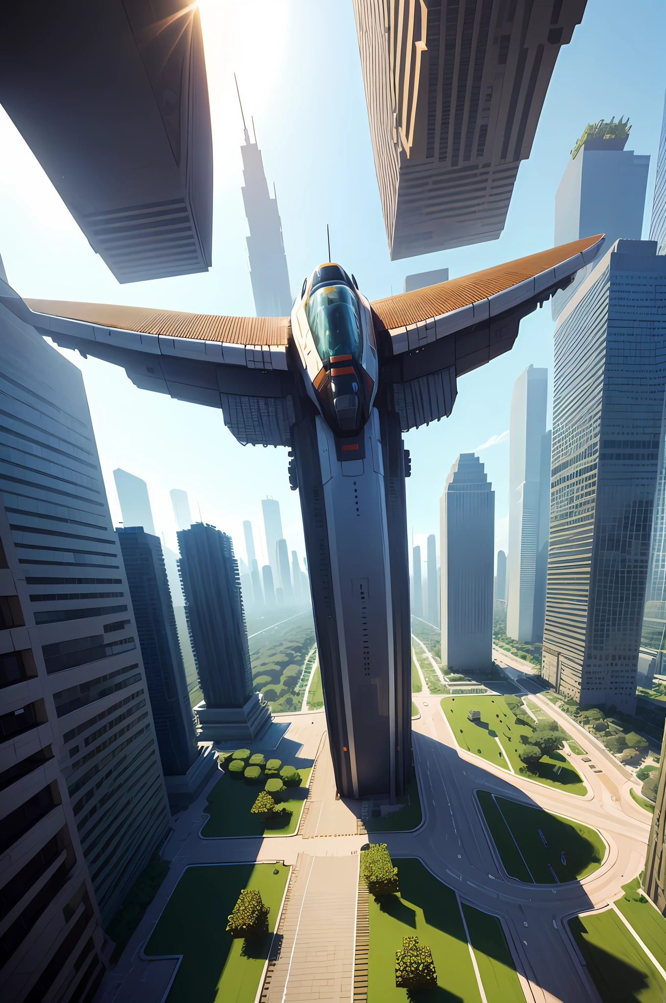 Minecraft city futuristic, plane, robots, vehicles --auto