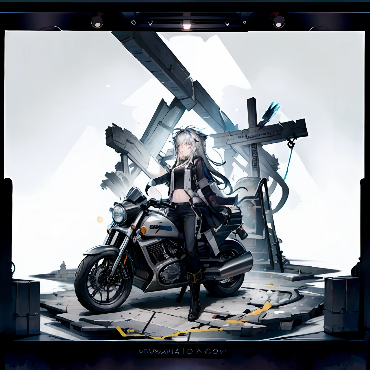 Masterpiece,Best quality, (White background:1.5) 1girll, shot from afar, full body, "Original_garments,1girll,Solo,Ground_vehicle, engines_vehicle, motorcycle,pale-skinned_Female, Long_Hair,Boots, Pants, navel, crop_Top, On_motorcycle, Jacket, logo,mitts, Floating_Hair,Earrings, Off_Shoulder, Open_Jacket, midriff, black_Footwear, Multicolored_Hair, Bare_bshoulders, helmet_erased, Open_clothes, Cross_Earrings, Sleeveless, jewelry, bangs, Long_Sleeves,", Clear face