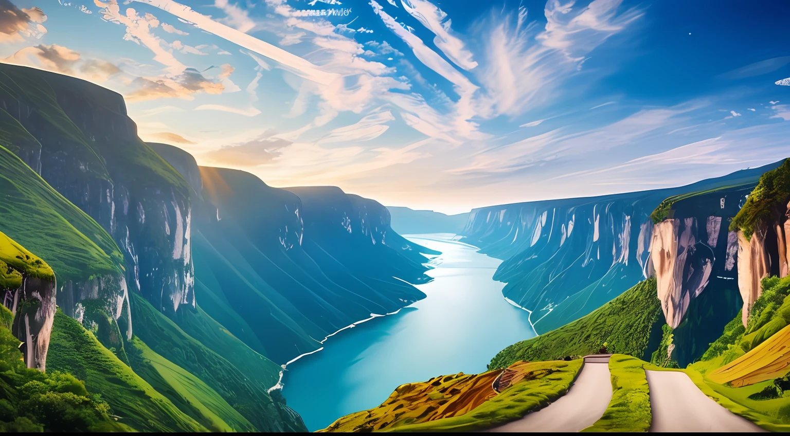 Masterpiece, ultimate quality, Cg unity 8k wallpaper, super delicate, beautiful sky and clouds, rich natural scenery, cliffs, lakes and rivers, waterfalls and flying water, beautiful green mountains, no trace of people, excellent scenery, has already won a photo contest, background Blurring, full depth of field, HDR high dynamics, true restoration, intricate, extreme details, dramatic presentation, perfectly presenting the style of midjourney art. --auto