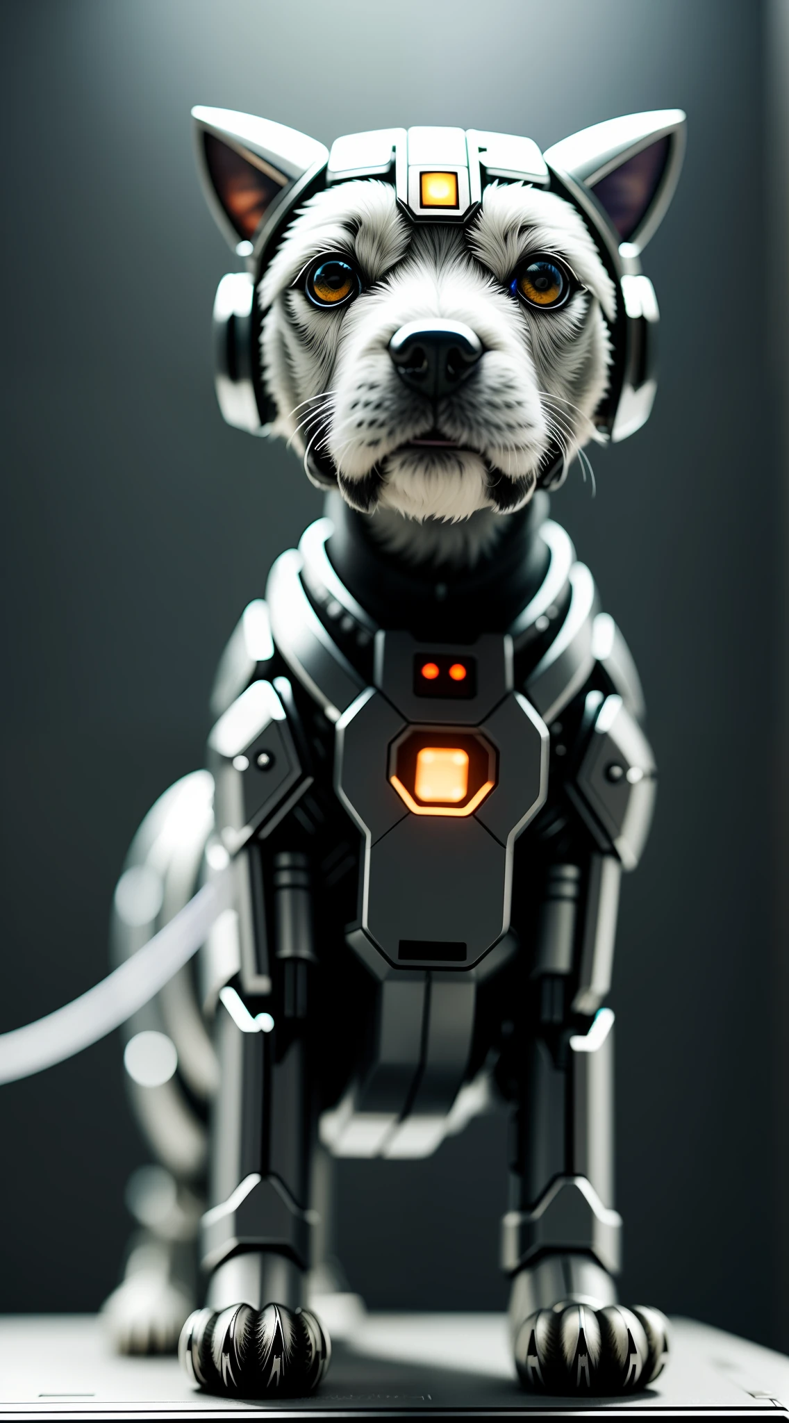 A cute puppy made of metal, (cyborg:1.1), ([tail|detailed wire]:1.3), (intricate detail), hdr, (intricate detail, hyperdetailed:1.2), cine footage, halo shadow, centered