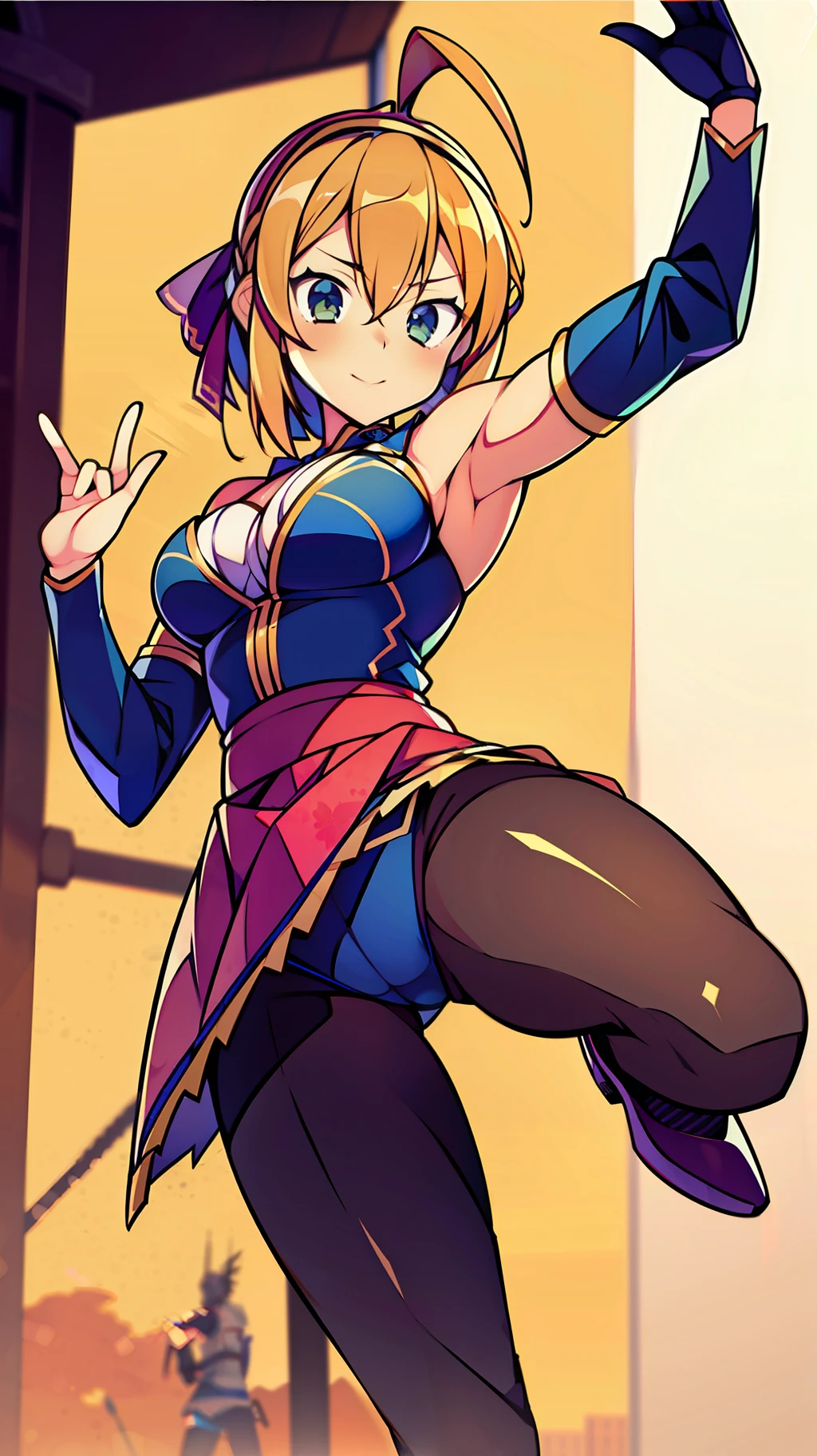 Humanize Don Quijote's character, Don Quijote's character. However, it must be a girl. Random posing, random costume, random background, bright,