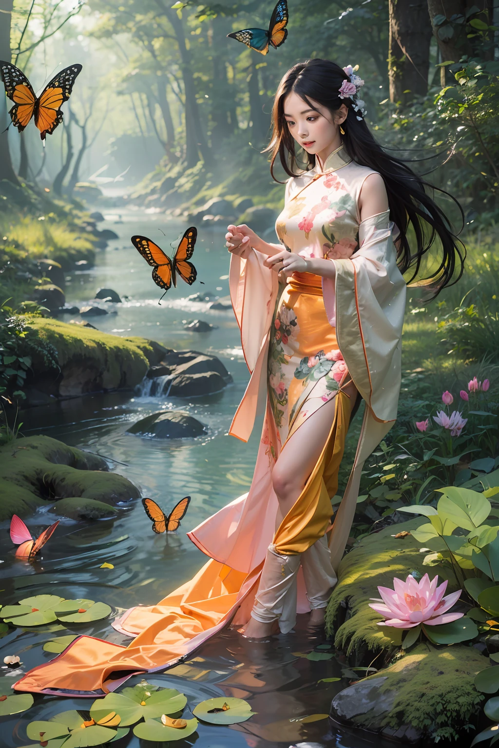 Prompt: (masterpiece, high resolution, illustration:1.3), mesmerizing nymph-like lady, (vibrant traditional Chinese attire:1.2), (graceful flowing silks:1.1), (flowing ebony hair:1.2), (tranquil forest stream:1.2), (sunlit glade:1.1), (lush greenery:1.2), (delicate water lilies floating:1.1), (moss-covered stones:1.2), (whispering breeze:1.1), serene expression, (playful interaction with water:1.2), (colorful butterflies fluttering around:1.1), top-down perspective, (magical atmosphere:1.2), a whimsical moment in nature's embrace.
