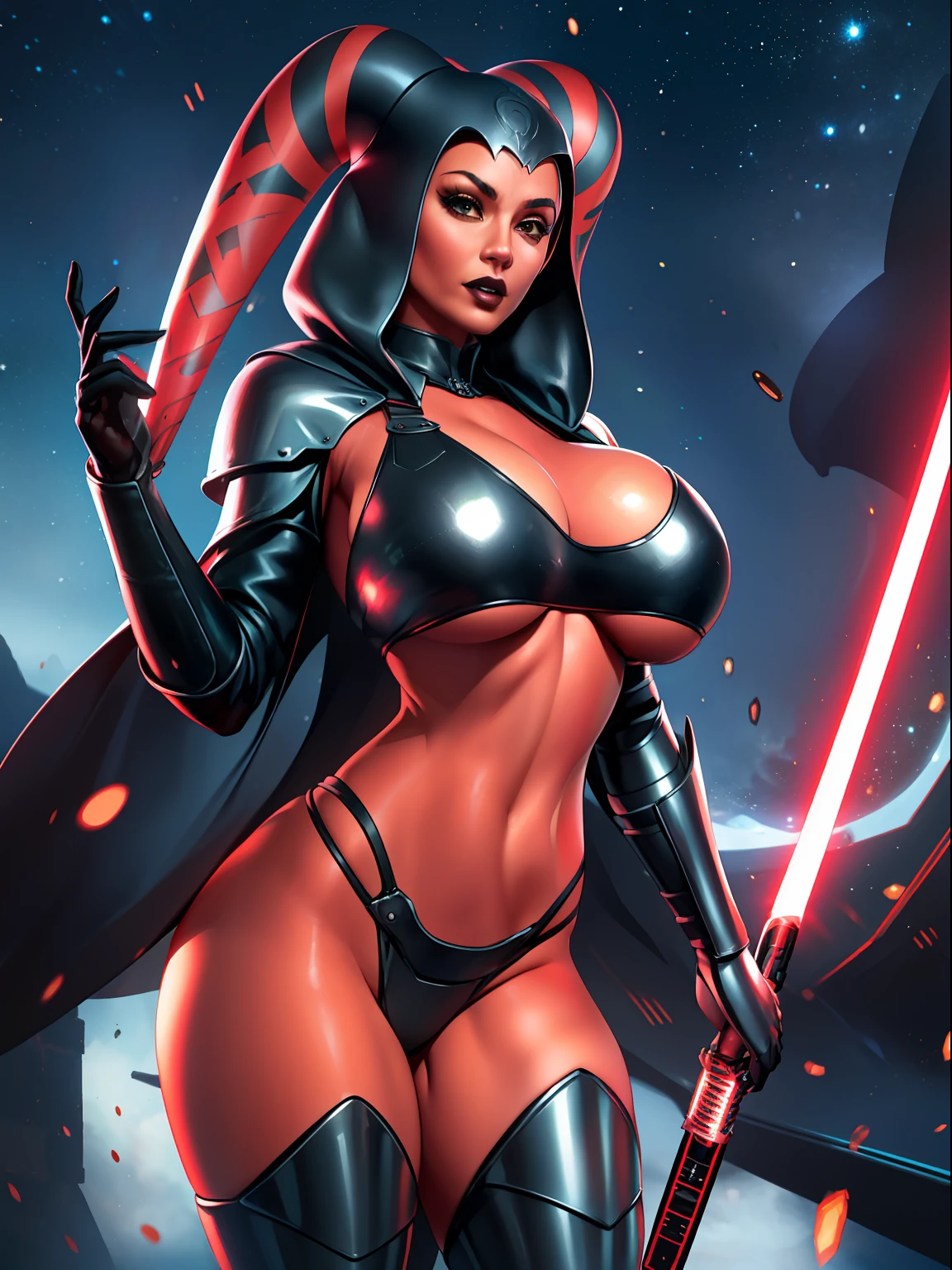 armor, busty, gigantic boobs, ((red skin), twi'lek), dual red lightsabers, evil space knight, space ninja, (wearing black robes, black stealth armor, breastplate, tunic, tabard, cowl, cloak, body glove, straps, buckles, skirts, long sleeves, fantasy, ((armor))), ((busty), slender body, thin, slim sexy body, slim waist, (((gigantic breasts)))), Imperial starship, Star Wars,