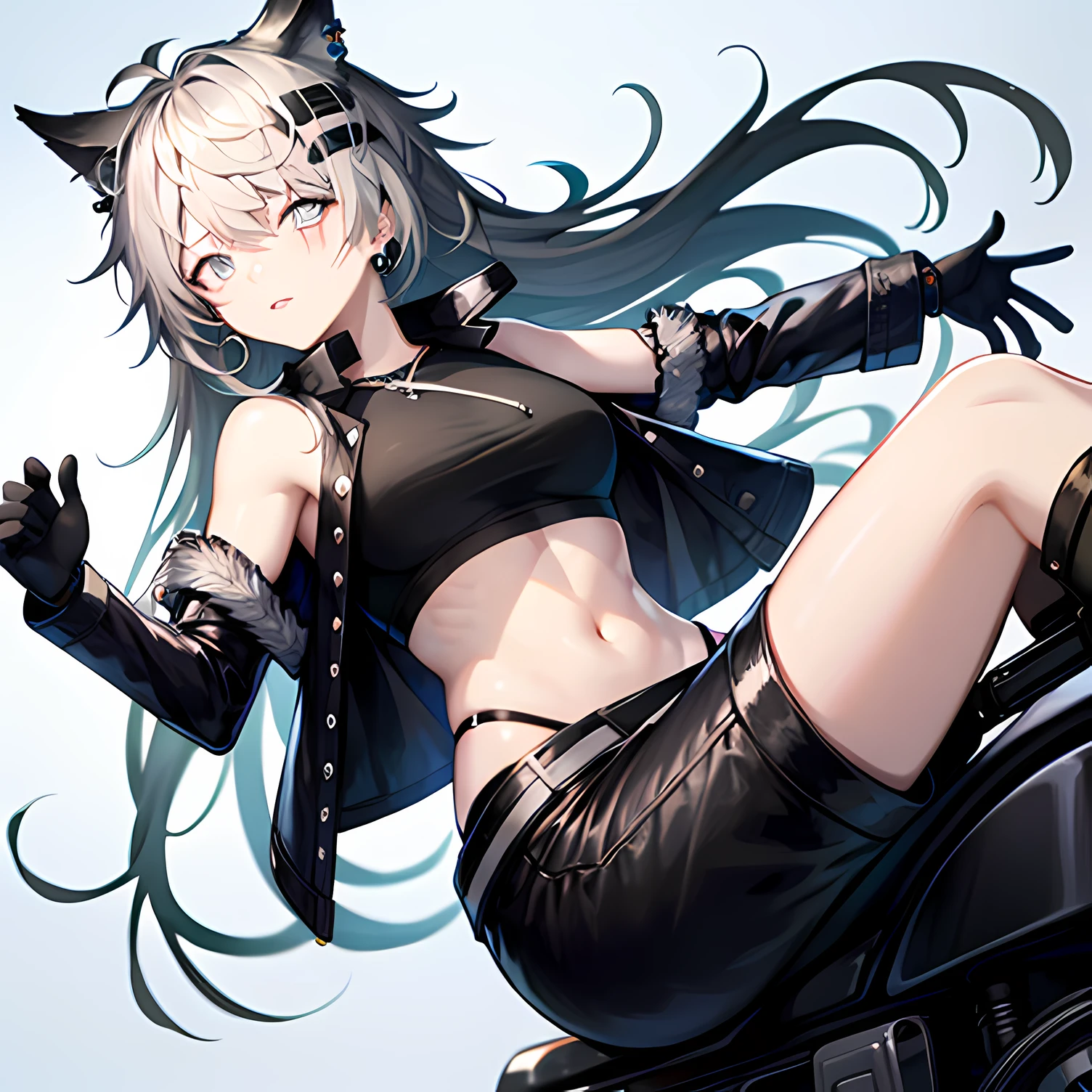 Original_garments,1girll,Solo,Ground_vehicle, engines_vehicle, motorcycle,pale-skinned_Female, Long_Hair,Boots, Pants, navel, crop_Top, On_motorcycle, Jacket, logo,mitts, Floating_Hair,Earrings, Off_Shoulder, Open_Jacket, midriff, black_Footwear, Multicolored_Hair, Bare_bshoulders, helmet_erased, Open_clothes, Cross_Earrings, Sleeveless, jewelry, bangs, Long_Sleeves,