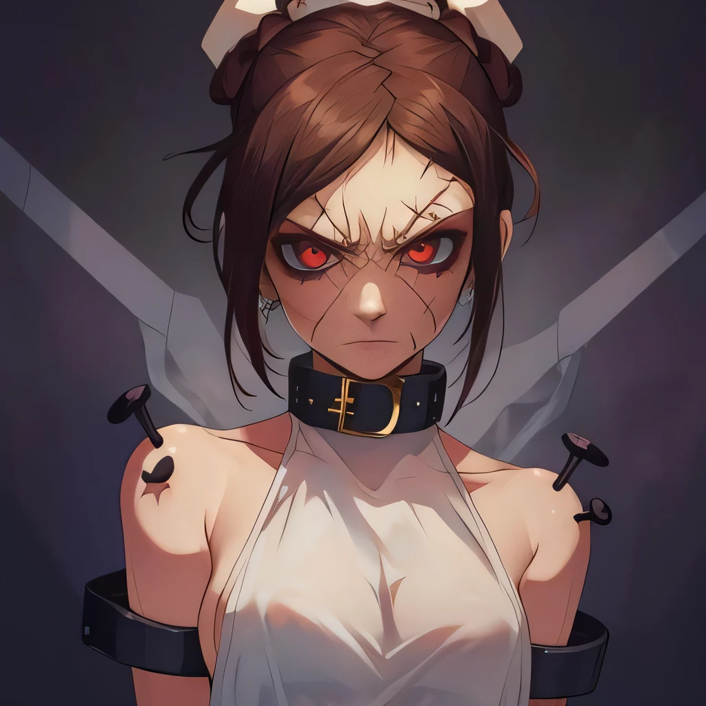 Painwheel, red eyes, brown hair, single hair bun ,(black sclera), small breasts, barefoot, black nail polish, veiny skin ,scar, face stitches, angry, brown helmet, upper body, solo,
PW,attire, white dress, side slit , no panties,  sideboob, collar, cuffs, bare shoulders, covered, bolts,
(insanely detailed, beautiful detailed face, masterpiece, best quality)