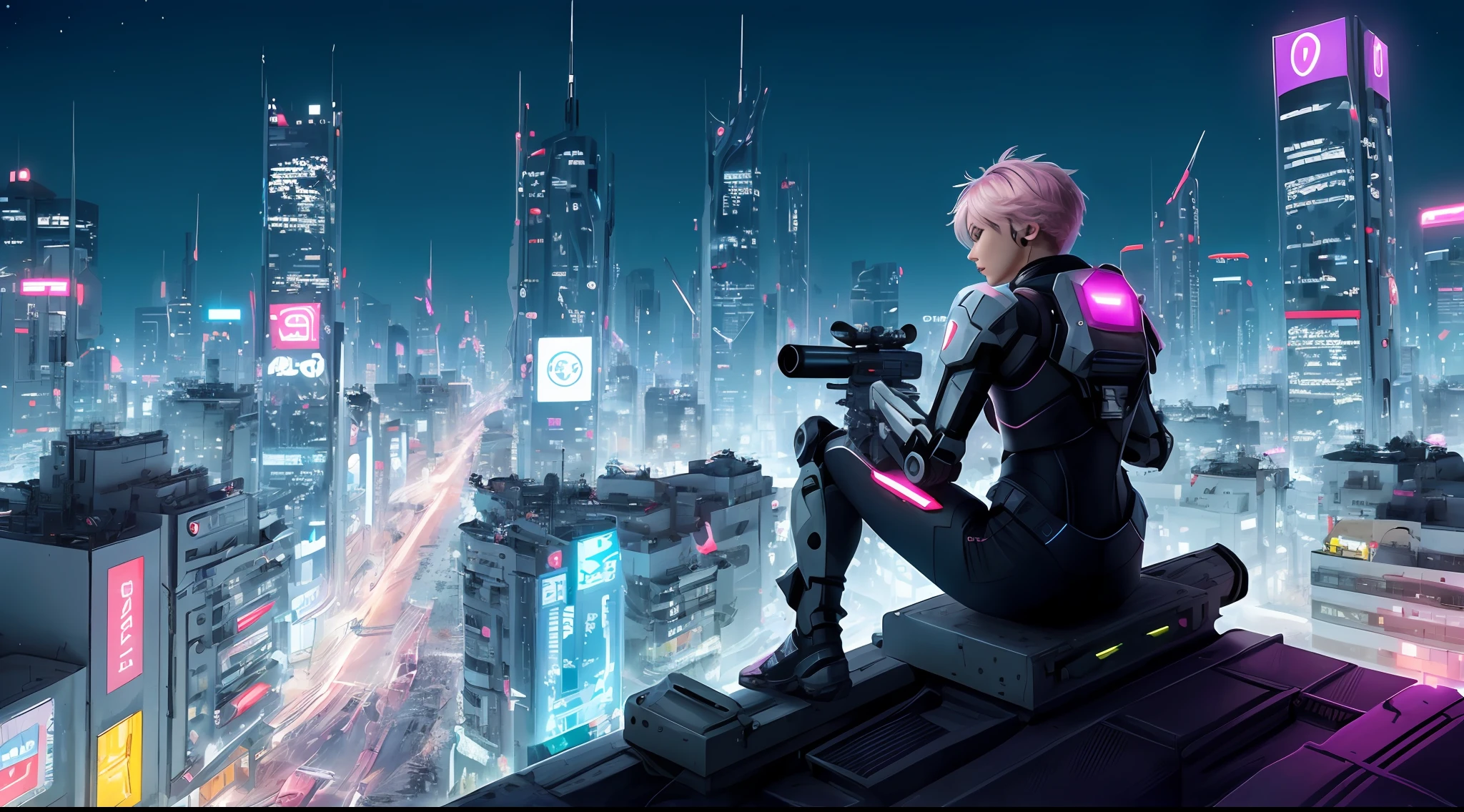 (非常详细的CG Unity 8k壁纸),(The best lighting,The best shades,extremely refined and beautiful),neon colors(super hero),Fly in a dynamic pose,(blue colors:1.2+pinks:1.2pai+A purple:1.2)Hair glows in the dark,(Glowing suit),Neon lights and vibrant flashes,city skyline in the background,(length shot),(guangjiao)。ple short hair ,-haired woman with a gun on the back,from the back, Lying on the roof,full-body shooting,Take a sniper rifle and aim ahead,Cyberpunk mecha,Expose part of the waist,