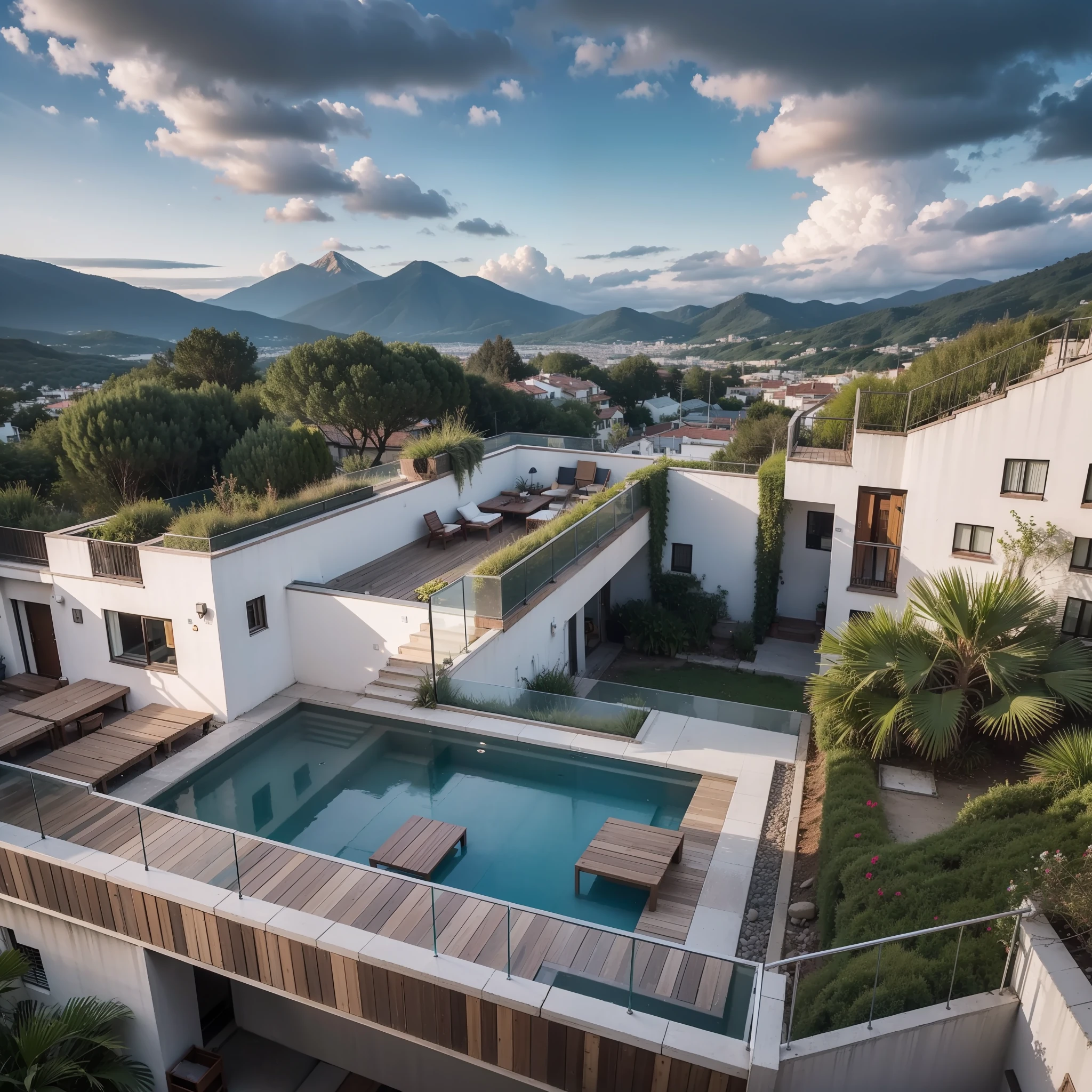 casa de vidro, dois andares, Large living room with modern and cozy decoration, quartos no andar de cima, banheiro surreal de lindo, escada com plantas e colunas na sala, mountain location, vista linda para a cidade, entardecer, carros de luxo na porta de casa, 8k, alta qualidade, surrealista,  melhor qualidade