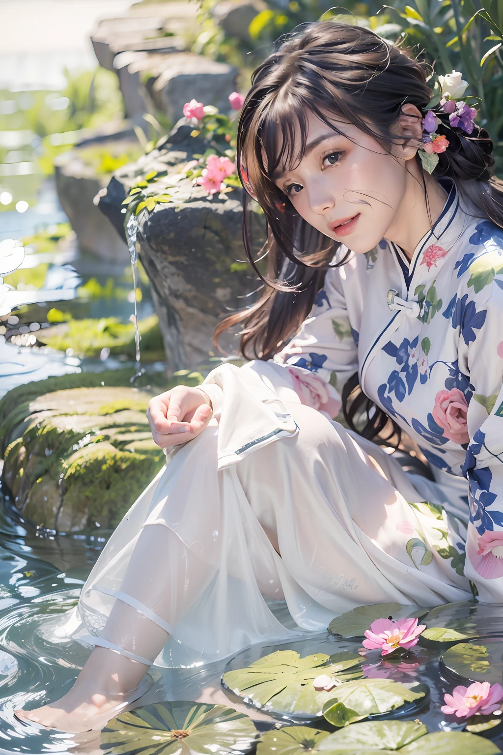 (masterpiece, high resolution, tranquil:1.2), captivating young woman, (flowing silk qipao:1.3), ornate patterns, (dark hair cascading:1.2), (almond-shaped eyes:1.1), reclining by a serene forest stream, (sun-dappled foliage:1.2), (glistening water:1.1), lush greenery, (whispering breeze:1.2), (colorful flowers:1.1), a sense of calm and tranquility, (subtle smile:1.2), (graceful posture:1.1), (gentle ripples on the water:1.2), a moment of relaxation and harmony, harmonious color palette, peaceful ambiance.