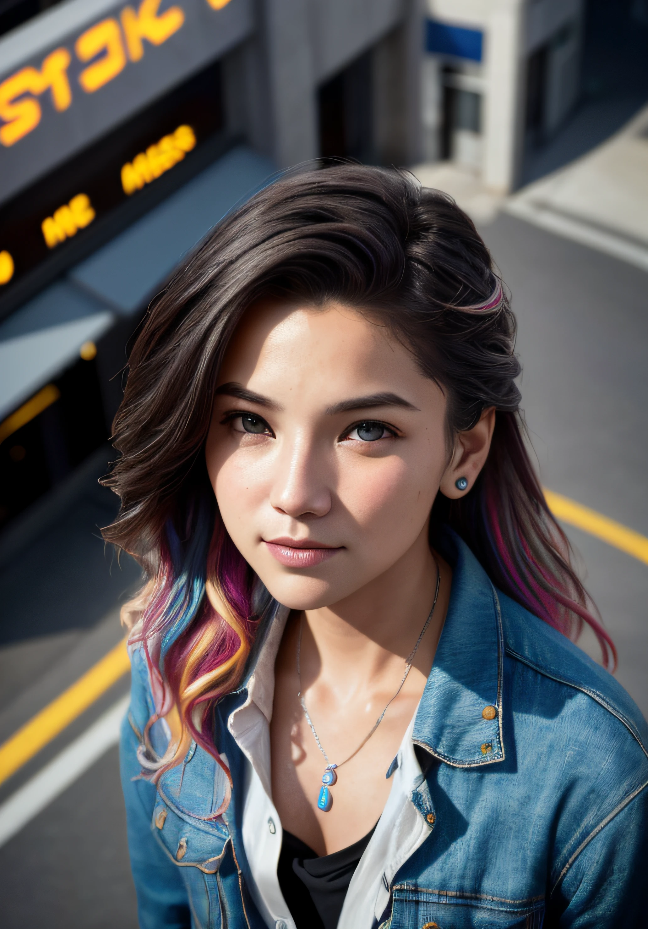 style, model shooting style, photo ((selfie: 1.8)) of a girl, 1girl, (cyberpunk: 1.8, cyberpunk city background: 1.8), ((cutest face: 1.8, perfect face: 1.3)), (multicolored long hair: 1.4, pale skin: 1.5),
(from above:1.2), best quality, epic (by Lee Jeffries Photo, Sony A7, 50mm, pores:1.5, colors, hyper-detailed:1.5, film grain:1.4,
hyperrealistic: 1.5), hyper-realistic texture, masterpiece, unreal engine 5, extremely detailed 8k CG wallpaper,
Crazy detailed photo, hyperrealistic light, (Pulitzer Prize Winner for Photography and Taylor Wessing Photo Award)