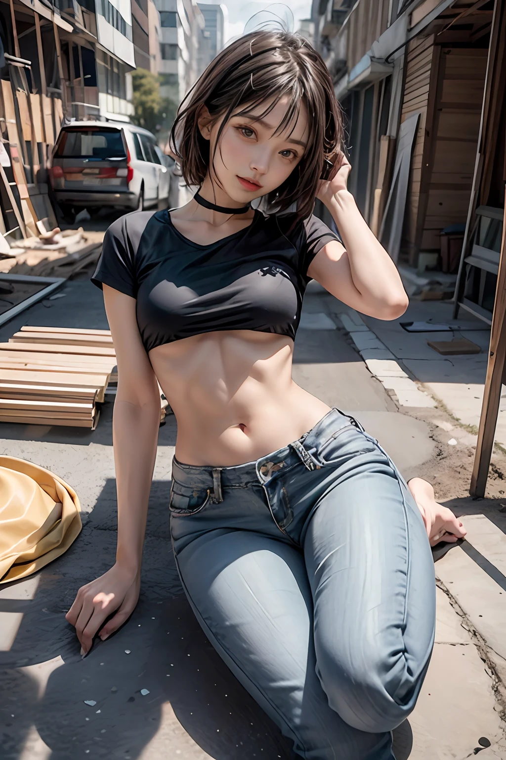 Girl in white bra and tight denim skirt posing for photo, full body, with cropped T-shirt, bra, slim body, smaller bust, slim girl model, 24-year-old female model, lying on the construction site, a group of black men onlooking