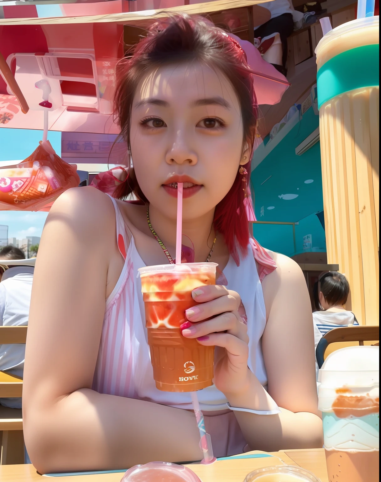 there is a woman sitting at a table drinking a drink, drinking a strawberry iced latte, with a straw, 🤤 girl portrait, drinking boba tea, taken with sony alpha 9, with a drink, wenfei ye, xintong chen, straw, soda themed girl, shot on nikon z9, f / 1. 9 6. 8 1 mm iso 4 0