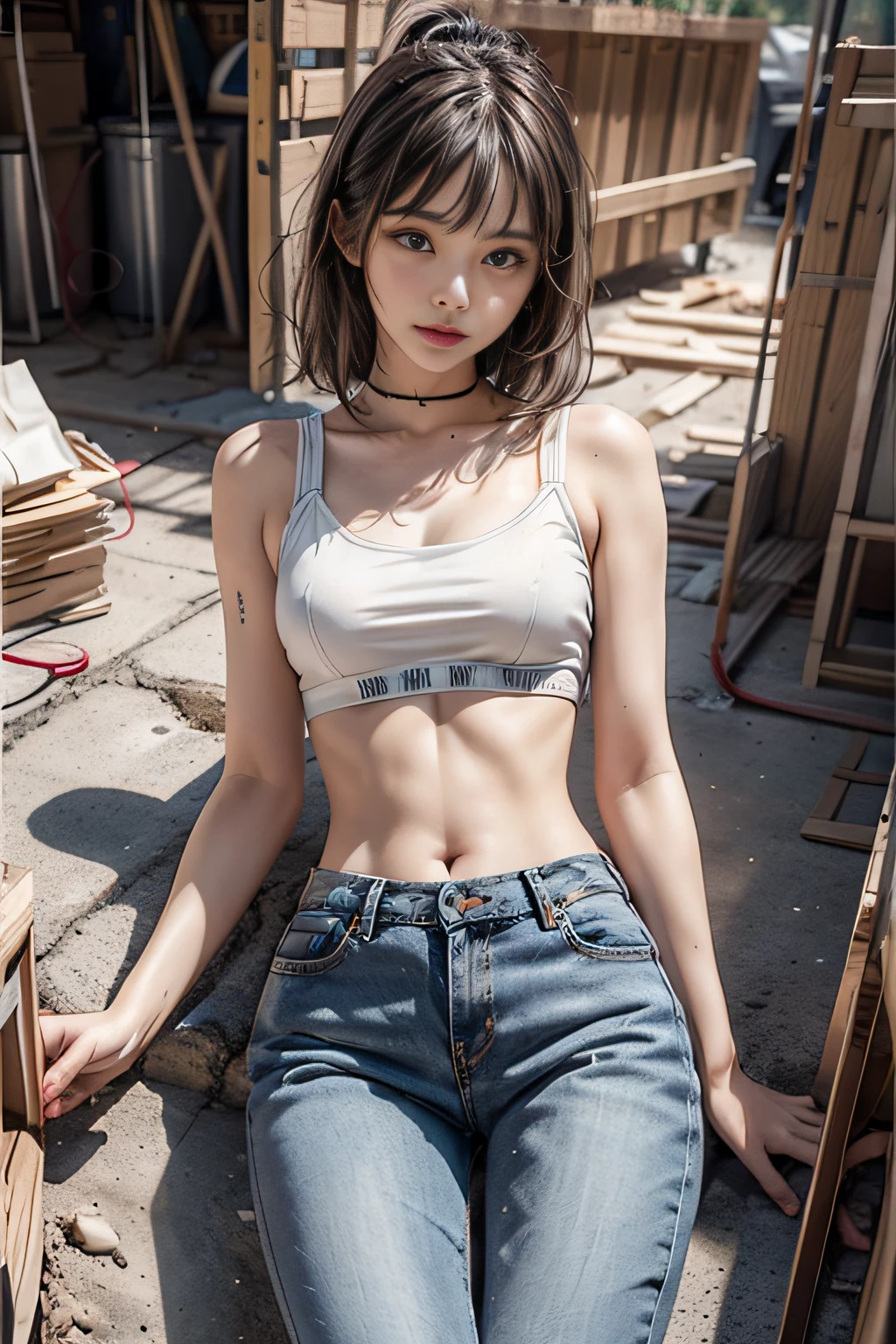 Girl in white bra and tight denim skirt posing for photo, full body, with cropped T-shirt, bra, slim body, smaller bust, slim girl model, 24-year-old female model, lying on the construction site, a group of black men onlooking