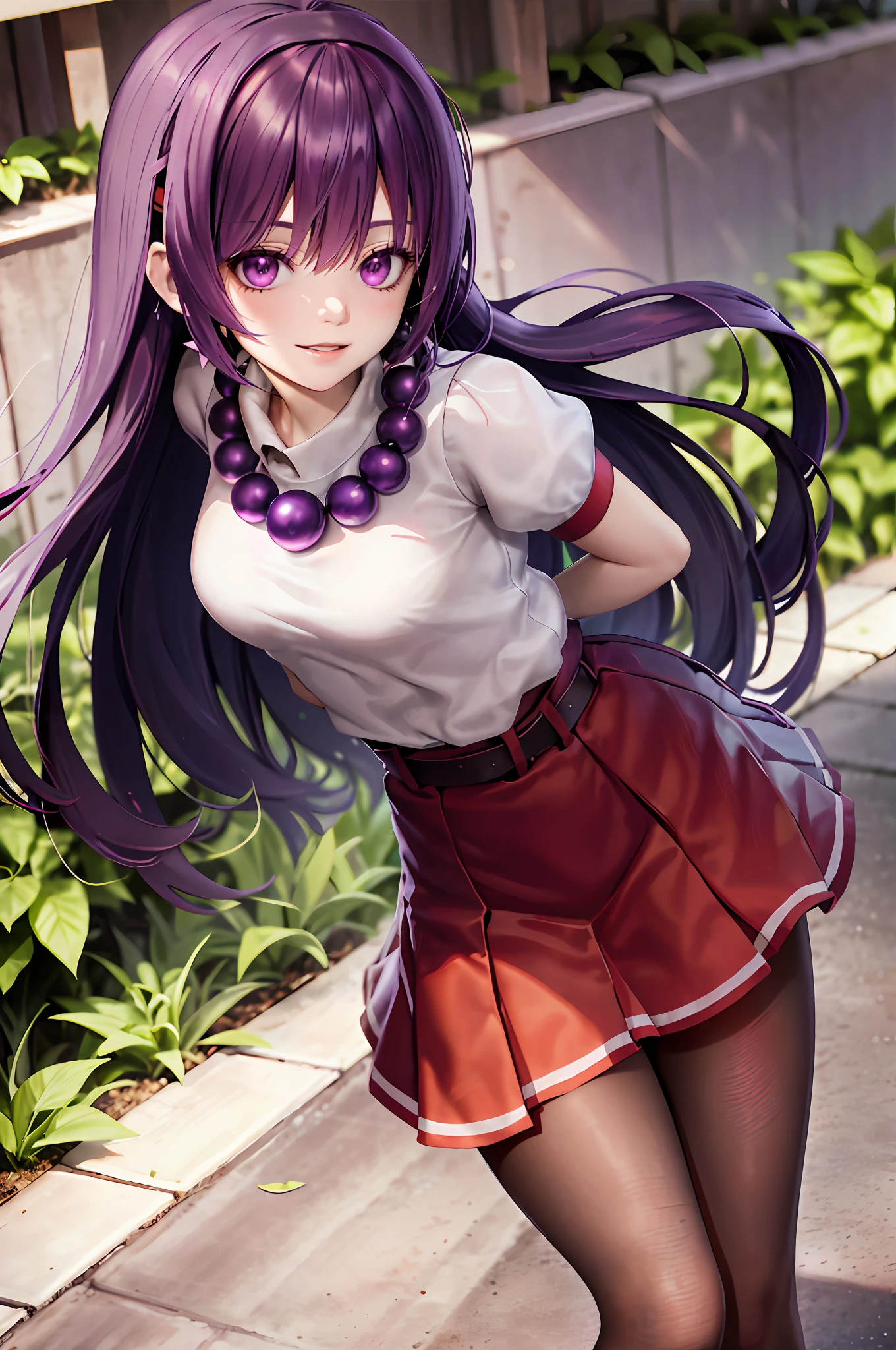 （tmasterpiece）， （best qualtiy）， （ultra - detailed）， intricately details， athena97， 1girll， 独奏， Purple eye， Purple colored hair， long whitr hair， white earrings， red hairband， Star hair ornaments， medium breats， red tank top， white highnecksweater， White puffy sleeves， short- sleeved， Red pleated skirt， （deep red pantyhose：1.2）， black pantyhoses， Yellow belt， purple sphere shape necklace， white short socks， Red shoes，   （exteriors）， photography of， ssmile， Be red in the face， and the sun was shining brightly，  cowboy lens， blur backgroun， Garden background，