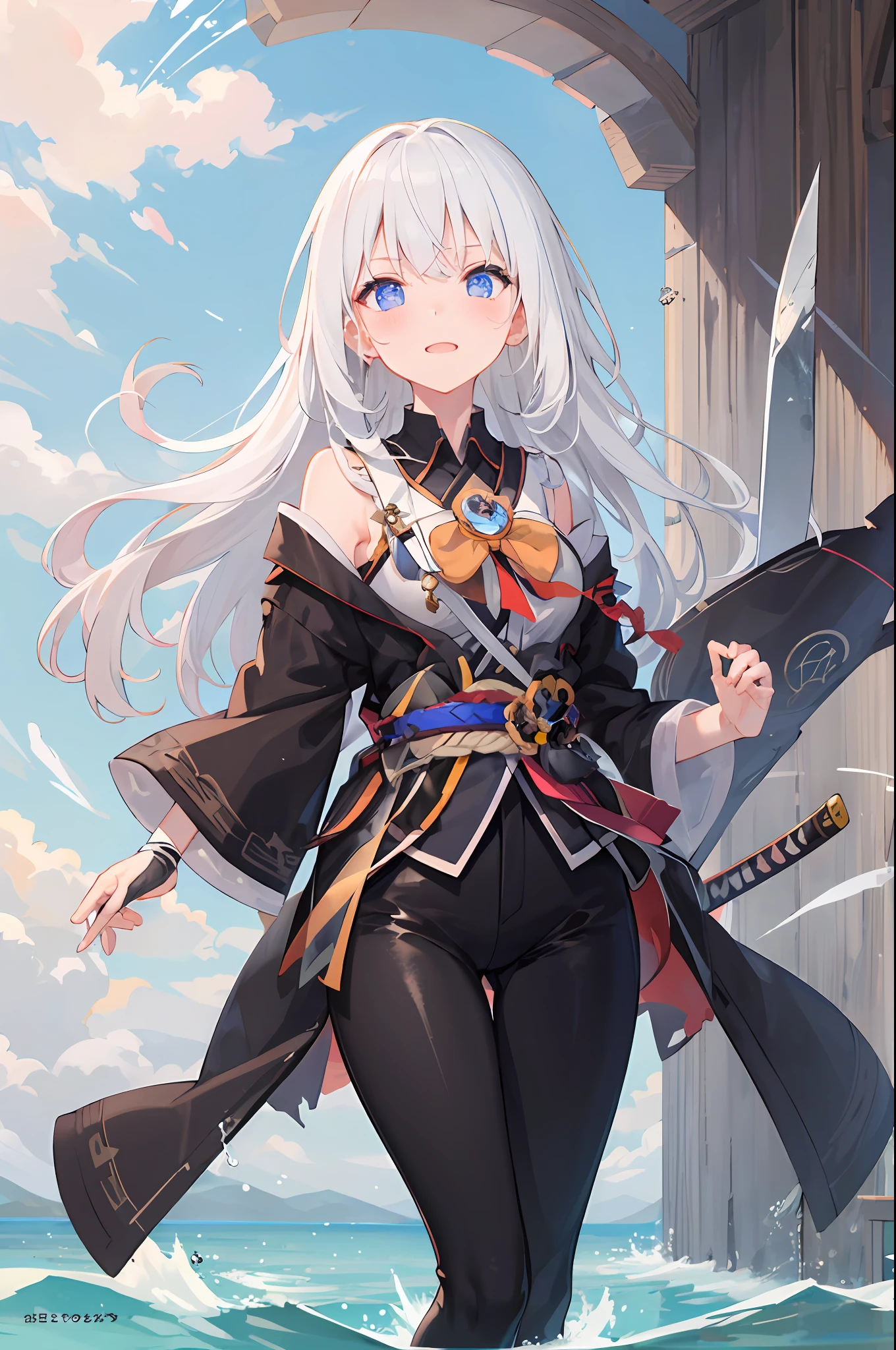 Projectile theory broken,tmasterpiece,Perfect beautiful face,Explosive clothing,Torn clothes,amazing face,Blush,lightly dressed,dynamicposes,White-headed girl，komono，Blue eyes，The barefoot，White straight hair，Bandages，Dignified and elegant，Anime face，Splash blade，katana swords，Surrounded by wind，Leggings，Water streak background，Bow pulling pose，Blue gemstone bow，Black pants，Large round cap，Raven style，Round hole background