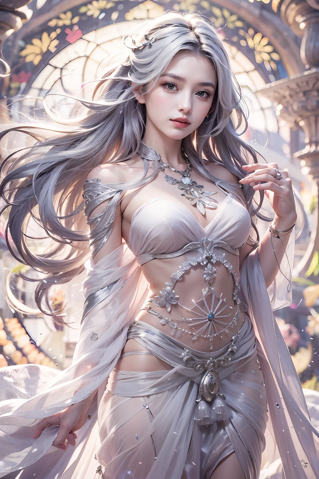 Full body like official art, 8K unit wallpaper, super detailed, beautiful beauty, high quality, beautiful, masterpiece, best quality (zen, mandala, tangled, tangled: 0.6), young goddess in her 20s, silver long hair, sun goddess,