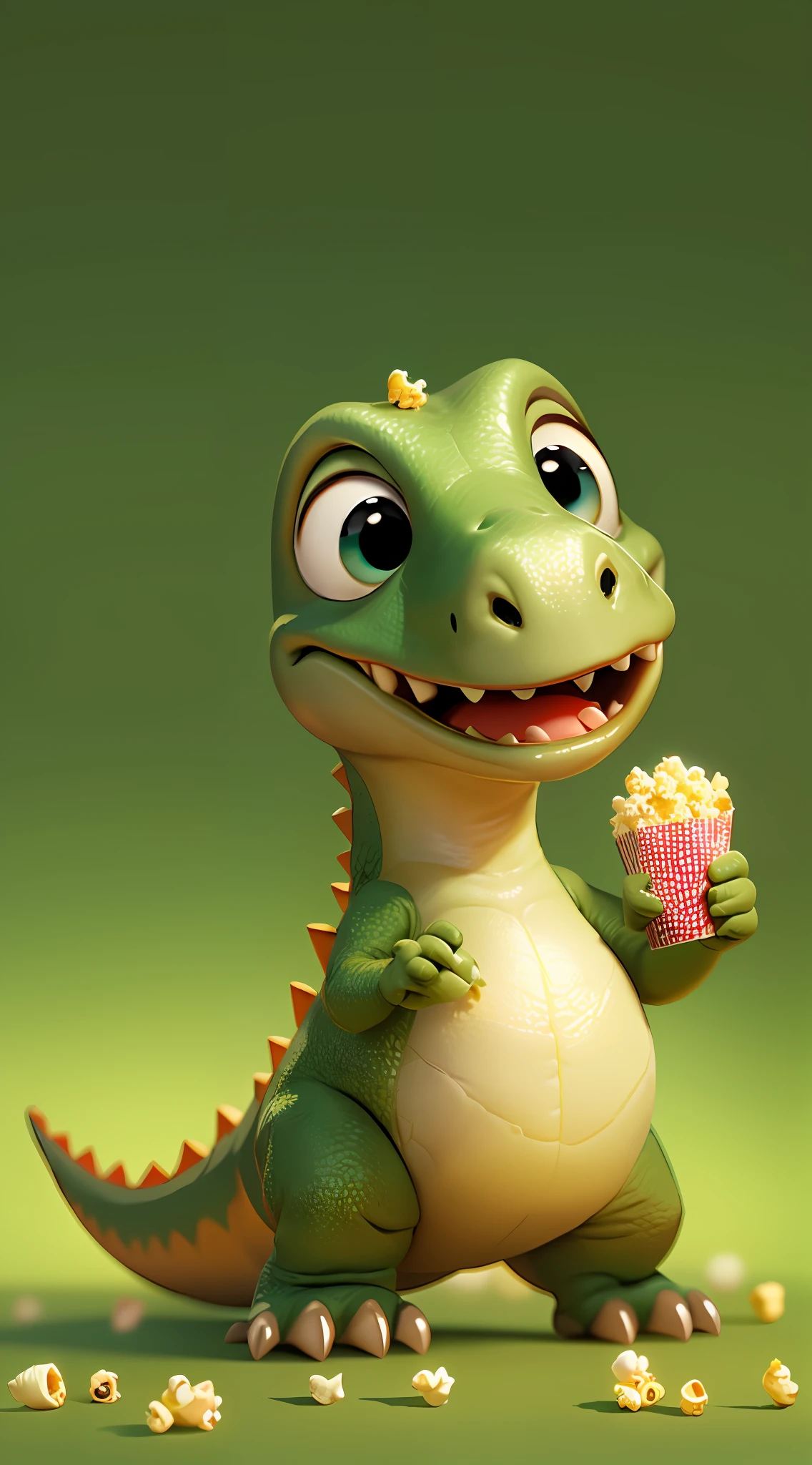 A very cute little dinosaur，Eat popcorn happily，cute-style，pixar animation