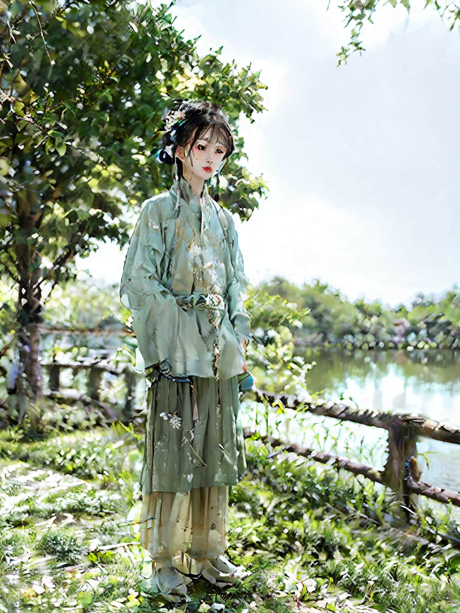 Arafeld man standing on a skateboard on a lakeside sidewalk, inspired by Wen Zhenheng, inspired by Ye Xin, inspired by Pan Tianshou, with a park in the background, inspired by Zhang Zongcang, inspired by Li Rongjin, inspired by Huang Gongwang, Inspired by Xiao Yuncong