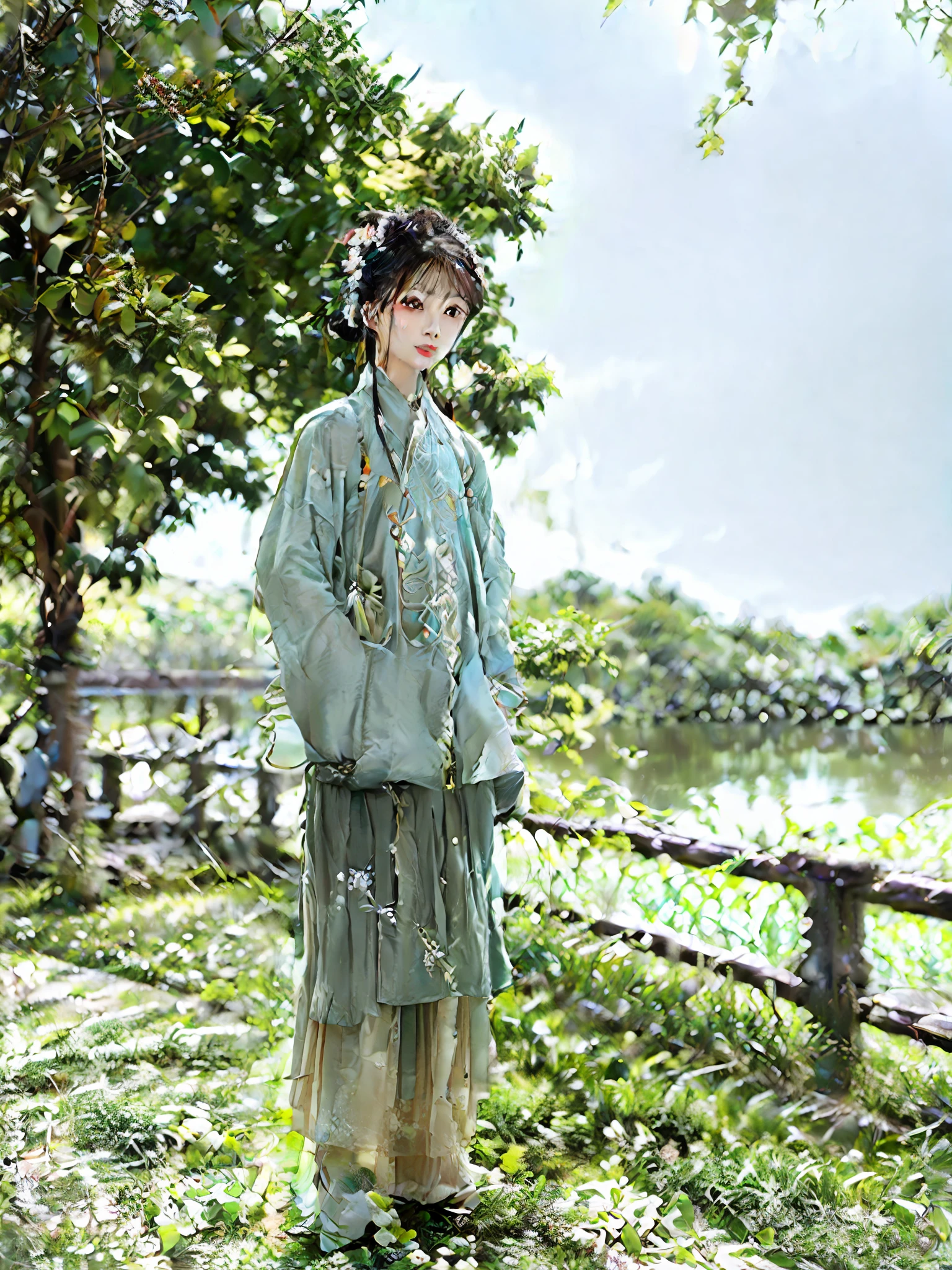Arafeld man standing on a skateboard on a lakeside sidewalk, inspired by Wen Zhenheng, inspired by Ye Xin, inspired by Pan Tianshou, with a park in the background, inspired by Zhang Zongcang, inspired by Li Rongjin, inspired by Huang Gongwang, Inspired by Xiao Yuncong