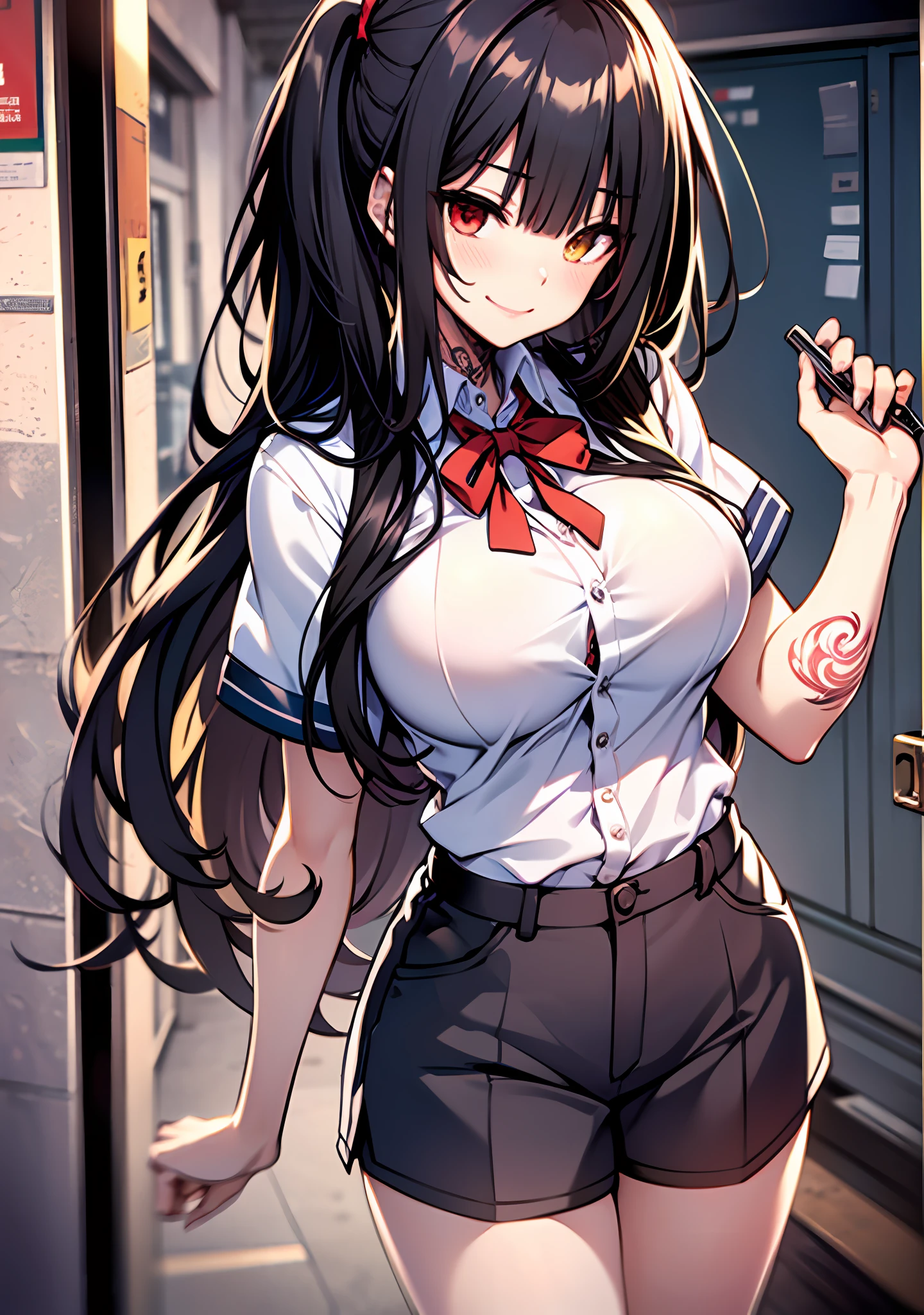 Masterpiece, high quality, ultra quality, best lighting, 1girl, ((tokisaki kurumi)), long hair, black hair, low twintails, monochrome, ((right red eye:1, left yellow eye:1)), school uniform, ((school uniform)), ((short pants)), ((big breast)), ((big thigh)), smile, blush, cute face, ((gesugao face)), standing, sexy body, sexy, tattooed full body, tattooed face, (((tattooed))),looking at viewer, large the breast, nsfw, (((mountain)))