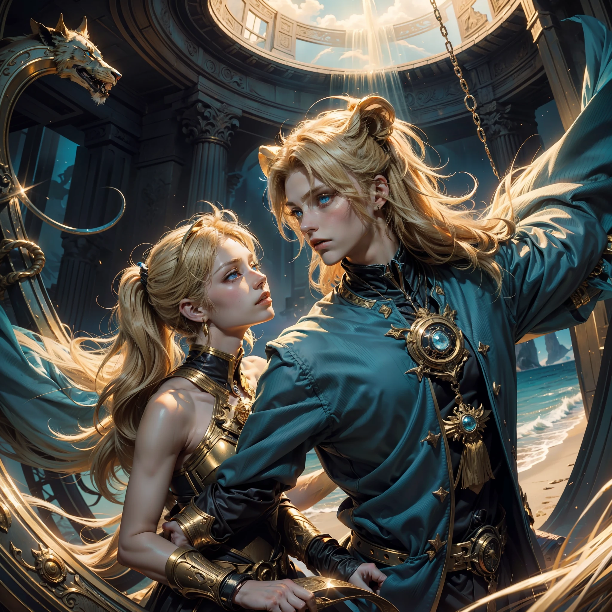 Background with：Magic Golden Leo astrolabe, Blazing golden sun body：A ager（Don't get angry, Handsome face, Aqua blue eyes, Tufts of blonde hair, A few small pigtails tied, By bangs, The skin is smooth and delicate, True and natural to the touch）, Next to him lies a male lion（Blonde hair, Handsome mane, Mighty and domineering, Ocean blue eyes, Particularly real）, photore, tmasterpiece, ultraclear, Conforms to the anatomy, high detal, high qulity, Colorful, lightand shade contrast, Cinematic lighting effects