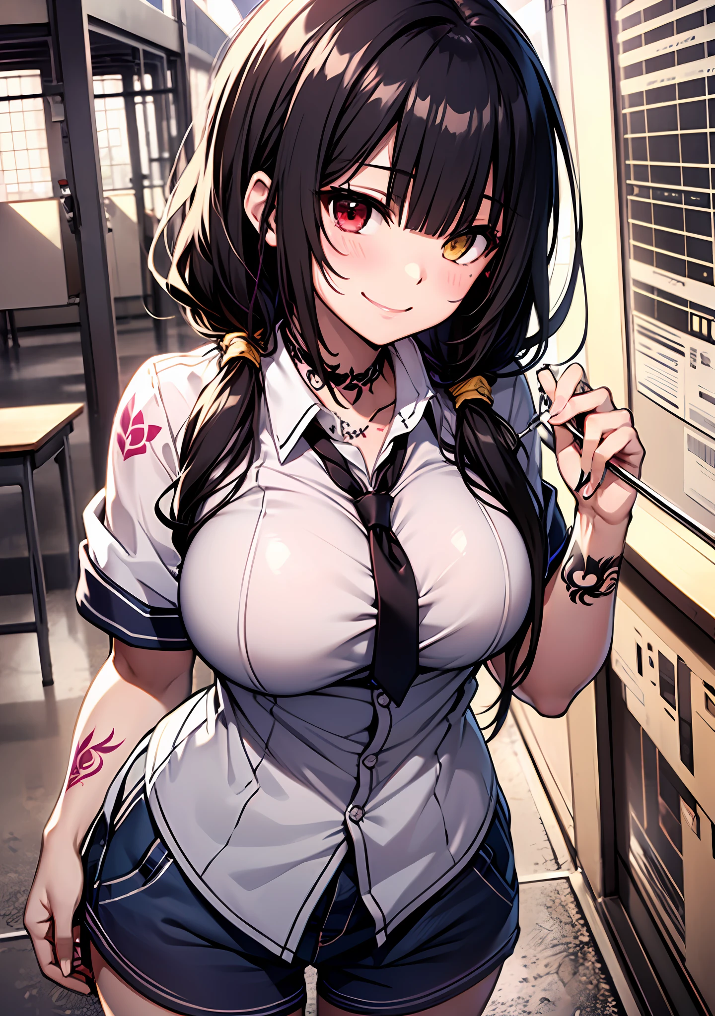 Masterpiece, high quality, ultra quality, best lighting, 1girl, ((tokisaki kurumi)), long hair, black hair, low twintails, monochrome, ((right red eye:1, left yellow eye:1)), school uniform, ((school uniform)), ((short pants)), ((big breast)), ((big thigh)), smile, blush, cute face, ((gesugao face)), standing, sexy body, sexy, tattooed full body, tattooed face, (((tattooed))),looking at viewer, large the breast, nsfw, (((mountain)))