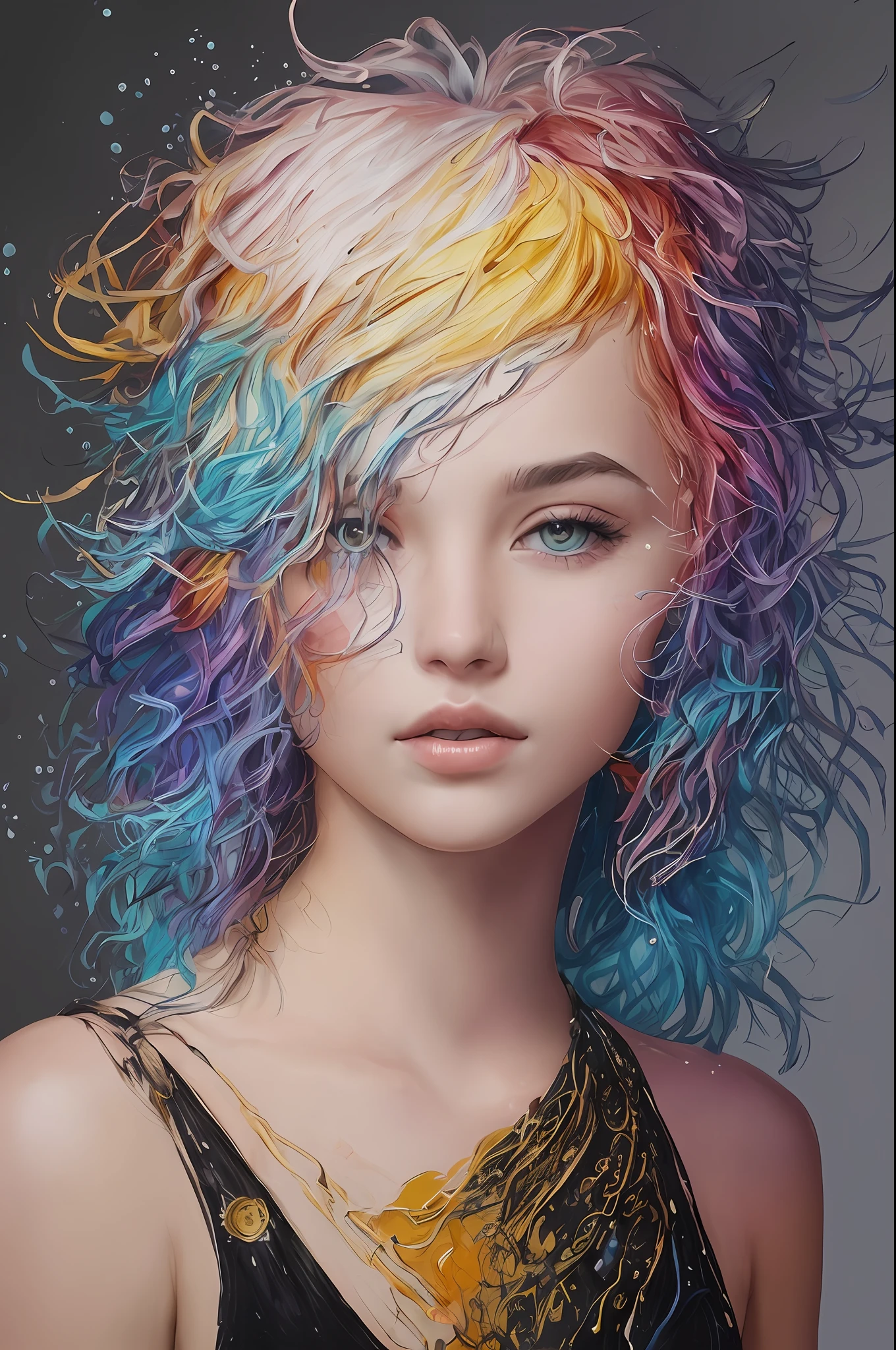 Colorful beautiful girl: a giru 8-, messy hair, oil painting, nice perfect face with soft skinice perfect face, blue yellow colors, light purple and violet additions, light red additions, intricate detail, splash screen, 8k resolution, masterpiece, cute face,artstation digital painting smooth veryBlack ink flow: 8k resolution photorealistic masterpiece: intricately detailed fluid gouache painting: by Jean Baptiste Mongue: calligraphy: acrylic: watercolor art, professional photography, natural lighting, volumetric lighting maximalist photoillustration: by marton bobzert:, complex, elegant, expansive, fantastical,  wavy hair, vibrant