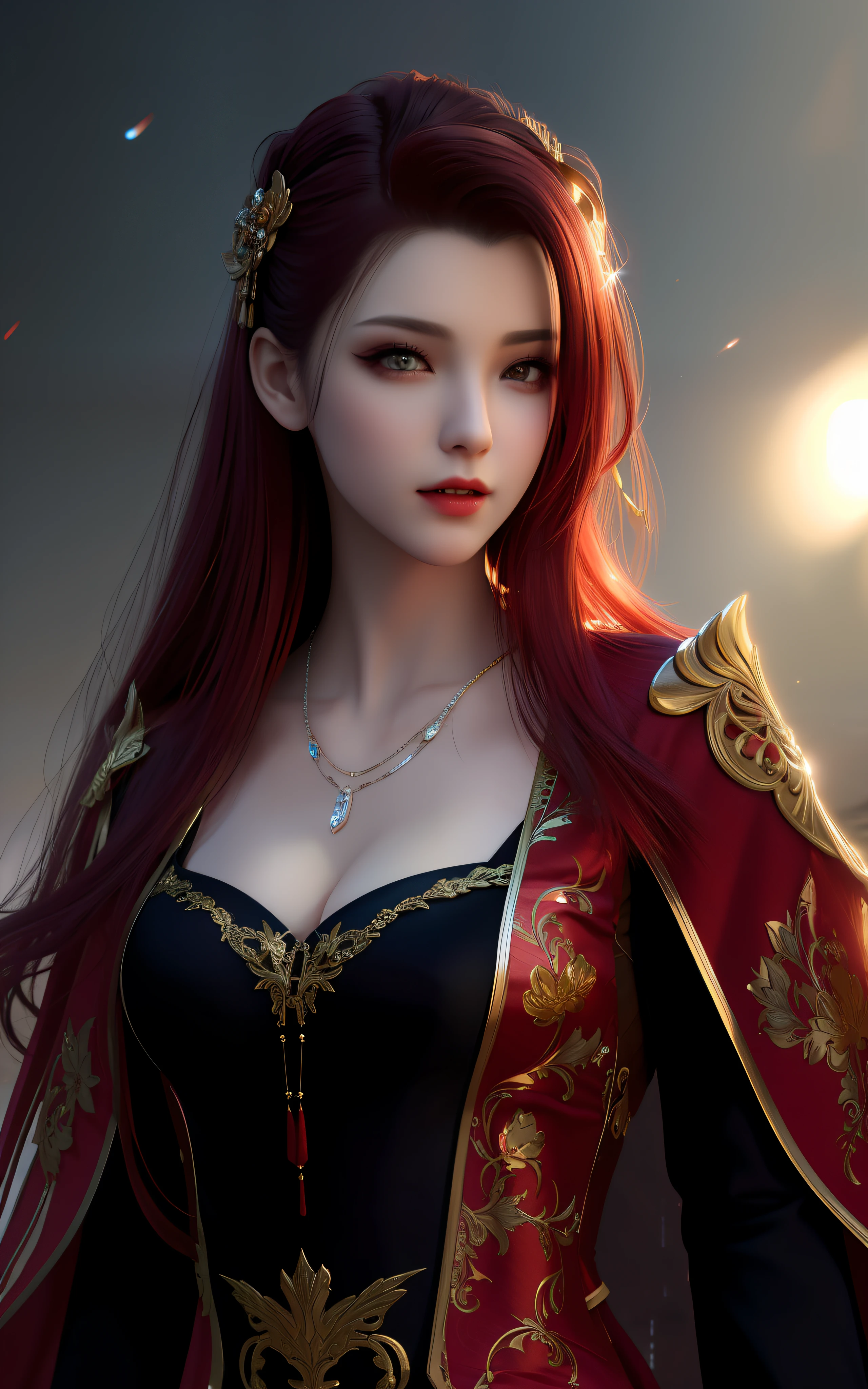 vampire, best quality, masterpiece, high resolution, 1 girl, china dress, red hair, hair ornament, necklace, jewelry, beautiful face, over body, tyndall effect, photorealistic, dark studio, edge lighting, lighting Two Tone, (Fur High Detail: 1.2 ), 8k uhd, dslr, soft lighting, high quality, volumetric lighting, candid, photography, high resolution, 4k, 8k, bokeh