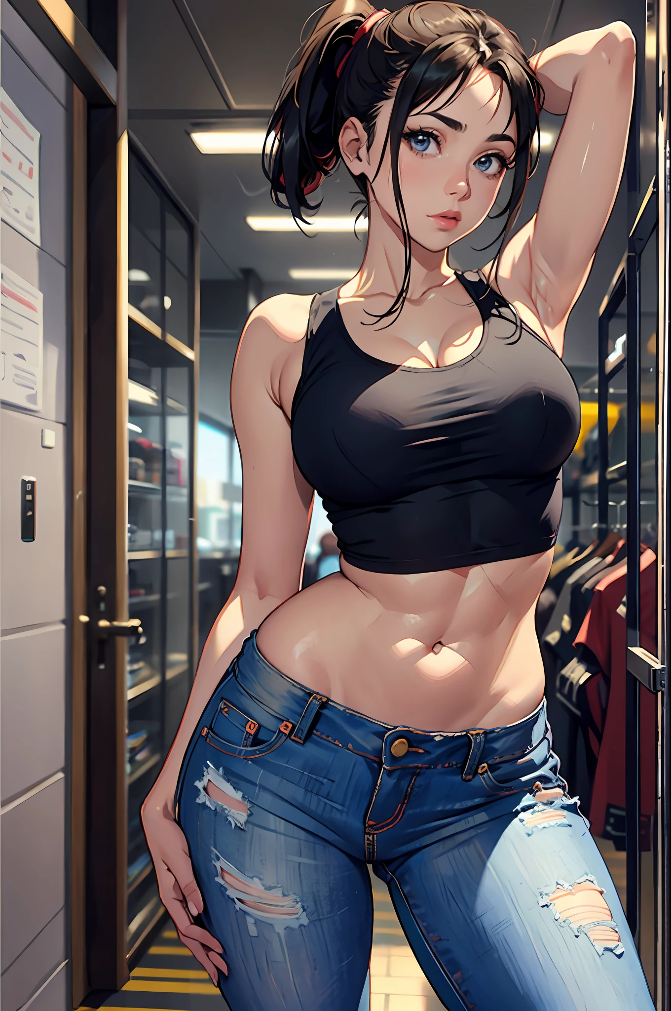 Winry Rockbell, muito sensual, com roupas de funkeira, brasileira, rio de janeiro, dancing funk, rebolando, bunda grande, pernas grossas, usando um short jeans extremamente curto, usando uma mini blusa, umbigo com pirsing, sneakers Nike, cabelo comprido, Speaker behind, corpo inteiro, muito realista, extremamente sexy, 8k, 8k extremamente detalhado), (um extremamente delicado e bonito), (obra-prima), (melhor qualidade: 1.0), (ultra highres:1.0)