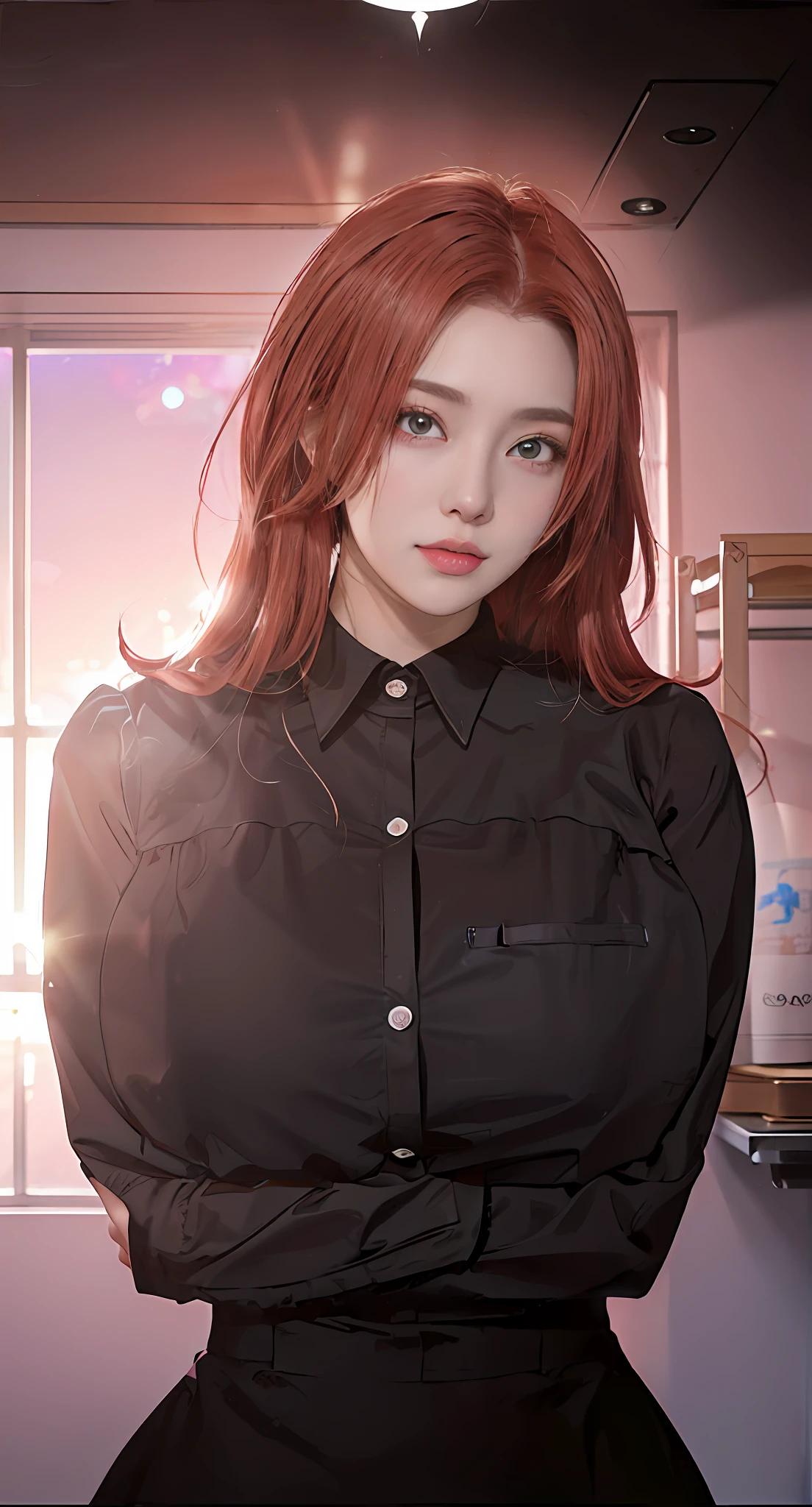 anime girl with red hair and black shirt standing in front of a window, anya from spy x family, marin kitagawa fanart, fine details. girls frontline, anime girl wearing a black dress, from girls frontline, hinata hyuga, anime visual of a young woman, seductive anime girl, realistic schoolgirl, (sfw) safe for work, yayoi kasuma