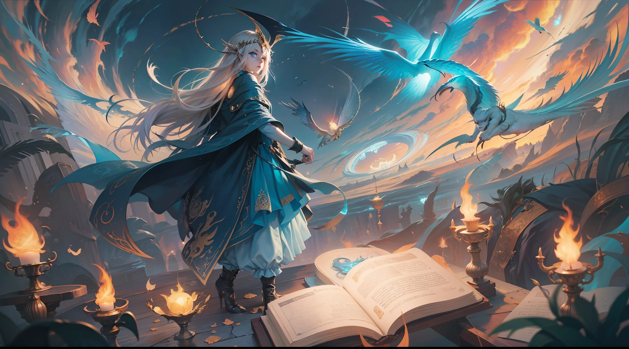 Magic Book,Blood,Night, Dark, (Fantasy),infinite,deep blue sky,The abyss of knowledge,Cowledge,((masutepiece)), (((Best Quality))),((Beautiful fine eyes)),(Eye lashes)、beautiful  Girl、Dragon protecting a girl、(女の子1人)、Golden hair、The long-haired、abyss eyes、glowy skin、oils、small tits、(Bird body、pluma)、Wizard robes、tattered cloth、Teenchi、elvish、Super delicate CG Unity 32k wallpaper、​masterpiece, ((ultra-detailliert)), ((illustratio)),colourfull,wall-paper,The energy,Unknown terror,Incomprehensible,Around the magic,Magical surroundings,magic wands,Boken,Flying pages,Know everything,Predict the future、Get to know the past、Infinite wisdom、blue flames、Warlock、magic circles、Pentagram、Spells、mantra、Singing magic