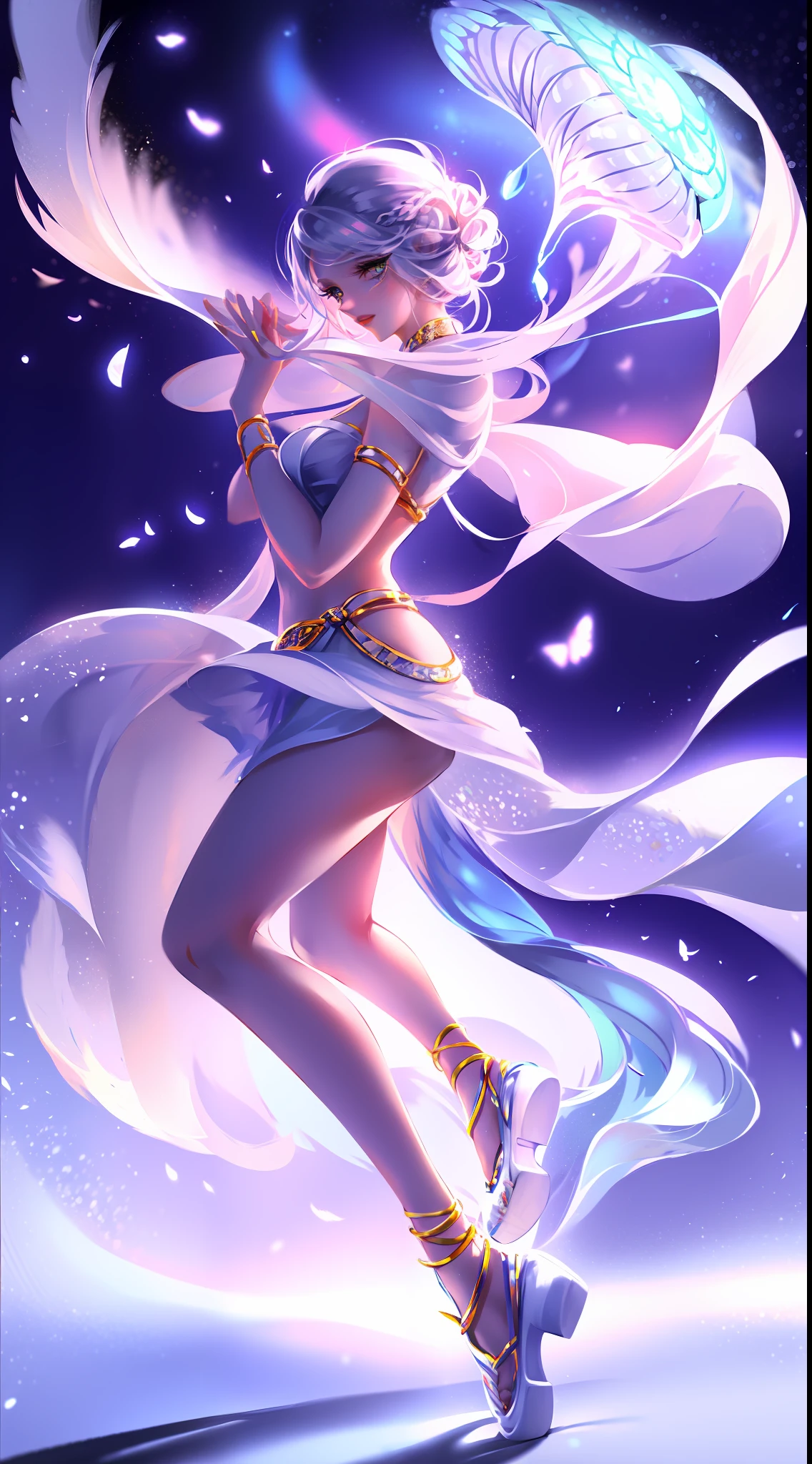 HighestQuali,CG,8K,Kizi,full bodyesbian,trinkets,Anklets,dancer,white color hair,white  skirt,Detailed eye-catching,yuki,lanterns