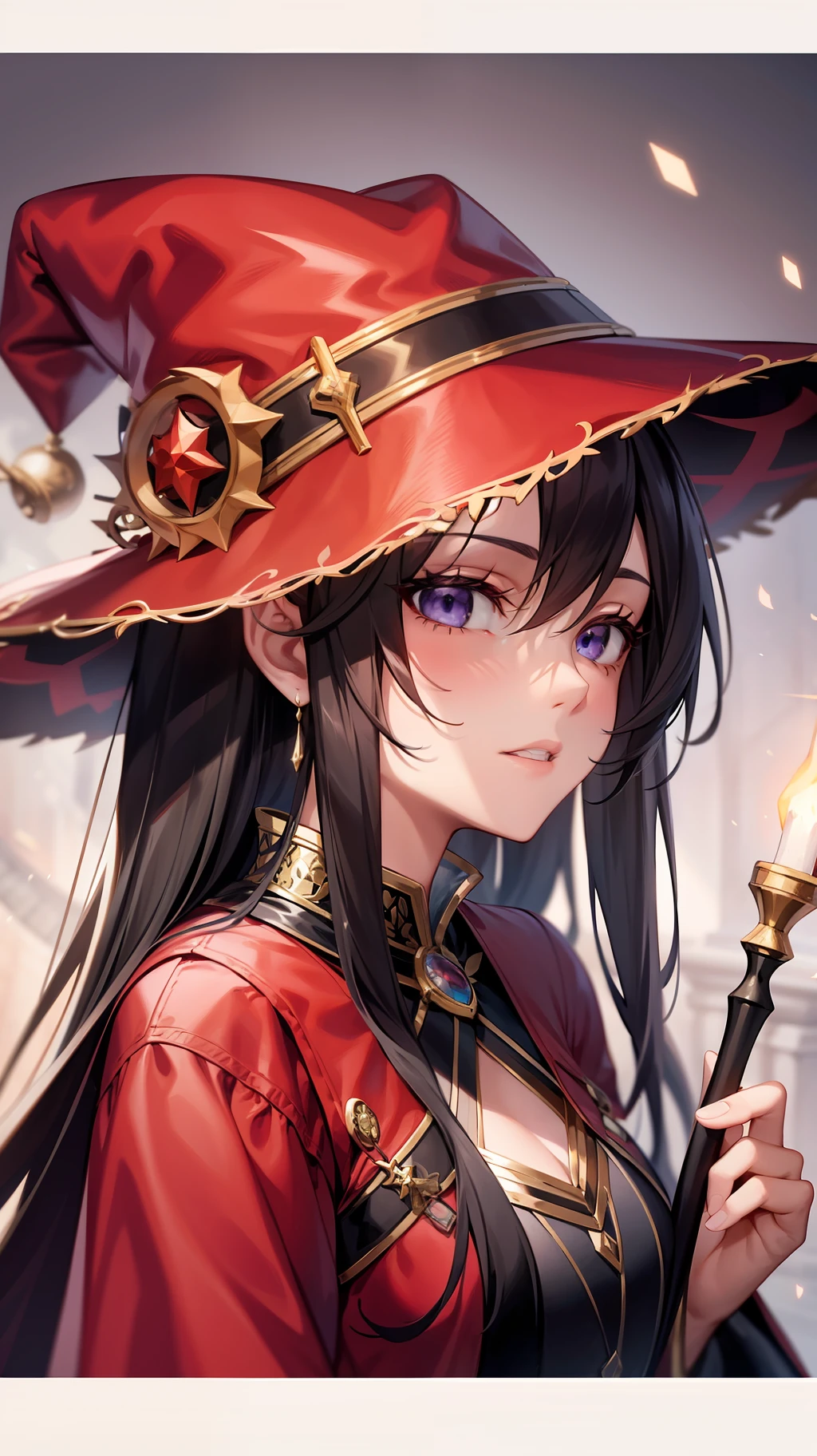 Woman in red dress and hat holding cane, feminine, alchemist girl, portrait of a female mage, Best Anime, sky witch