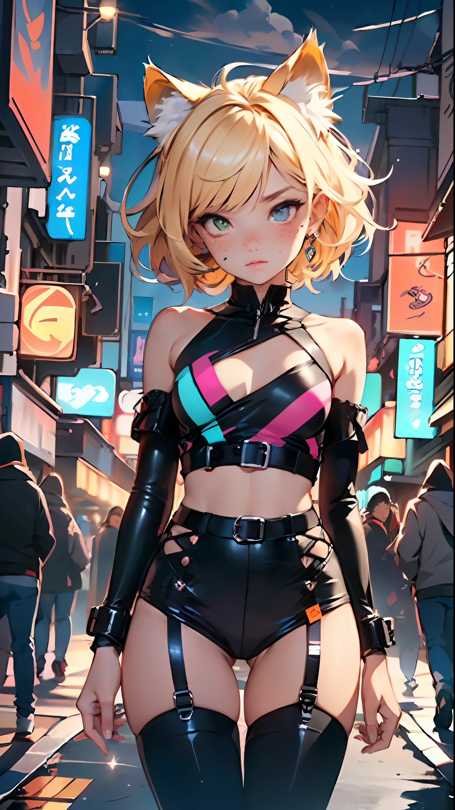 cute little cat loli,(((little loli, small tiny body, petite))), (((6 years old))),((anime little cat loli with extremely cute and beautiful blonde hair walking down the street)),(((cat girl,anthro furry cute,cat-girl))),(((cat ears,cat ears on head,big cat ears))),
(((flat chest))), (((blonde hair:1.35,messy blonde hair,colored inner hair,ear breathing,))),((heterochromia, eye1 yellow, eye2 orange, perfect eyes, upturned eyes:1.3, beautiful detailed eyes, finely detailed beautiful eyes:1, big highlight on eyes:1.2, slanted eyes)), (((freckles on the face, freckles,freckled girl))),(((lustrous skin:1.5,bright skin: 1.5,skin tanned,shiny skin,very shiny skin,shiny body,plastic glitter skin,exaggerated shiny skin))),(delicate detailed fingers,detailed body,detailed arms,human hands, detailed hands),
cute,slutty,,erotic,nsfw,
zettai ryouiki,revealing clothing,show skin,((rave shirt, neon shirt, rave mini-skirt,visible thong straps)),(wearing a rave outfit:1.3,rave clothes,semi-naked,with little clothing,),(detailed outfit,detailed clothes),
(dynamic pose:1.0), solo focus, embarrassed, centered, scale to fit dimensions, Rule of thirds,
outdoors, ((night view)), (cyberpunk night street Background: 1.5,dark sky,alleyway,lonely alley,thick clouds, detailed background:1.25),
(best quality), (high resolution), (sharp focus), (ultra detailed), (extremely detailed), (extremely high quality artwork), 8k_wallpaper, (extremely detailed CG 8k),(very fine 8K CG), ((hyper super ultra detailed perfect piece)), flawless, (((masterpiece))), illustration, vibrant colors, (intricate), High contrast, Selective lighting, Double exposure, HDR (High Dynamic Range), Post-processing, Background blur,