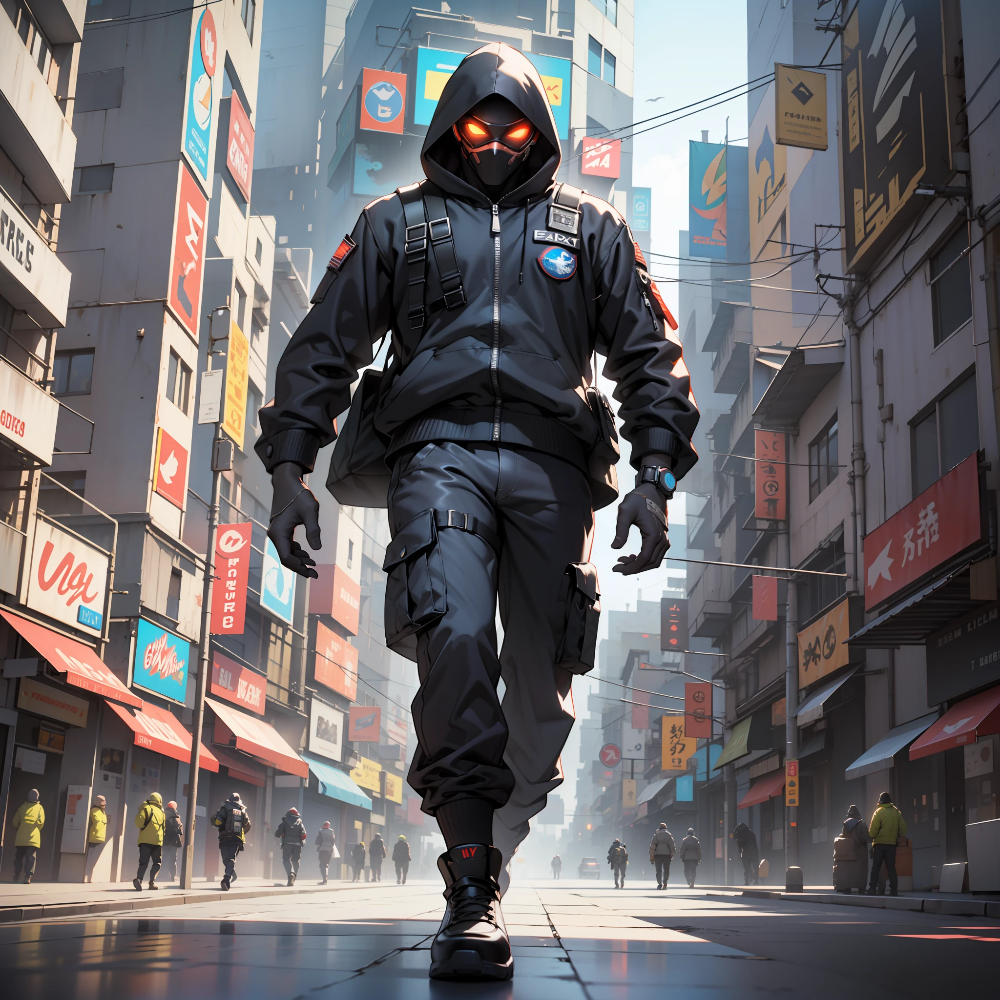 (obra-prima, foto de corpo inteiro, fotografia crua intrincada) Cyberpunk Citizen, Comfortable Oversize Black Hood, black cargo pants, roupas pretas, escuro, usando um capacete preto estilo hitech Astronauta, intrincado, futurista, advanced technology, ambiente escuro, dramatic, luz e sombra, cinemactic, action film, nitidez, random relaxed position, Cyberpunk City, luzes de rua, rua escura, noite, Insta foto, foto do ano, octano render, substance, Maya 3D, cinema4D, ArtStation Trending, Devian Art Trend, retrato
