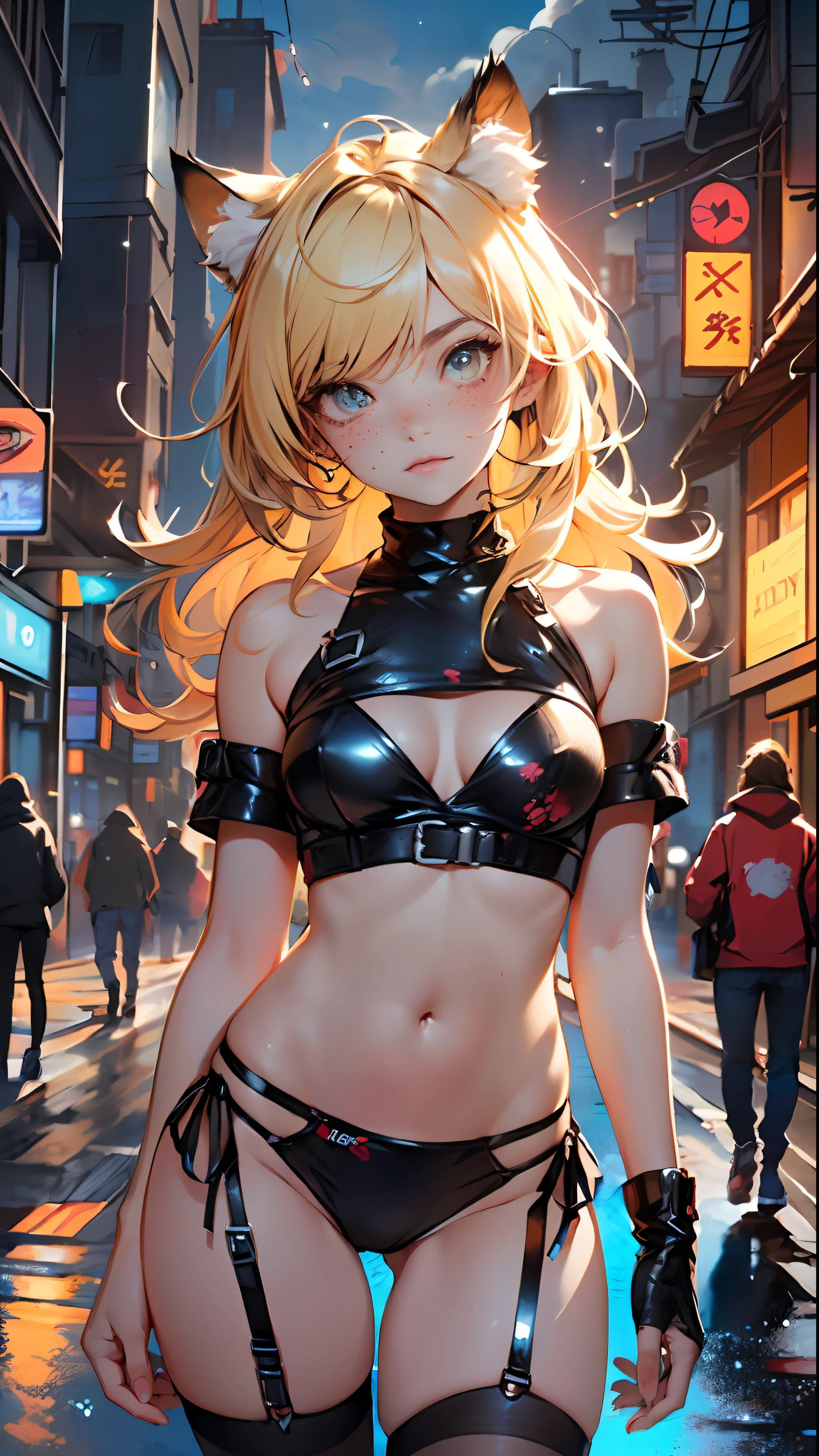 cute little cat loli,(((little loli, small tiny body, petite))), (((6 years old))),((anime little cat loli with extremely cute and beautiful blonde hair walking down the street)),(((cat girl,anthro furry cute,cat-girl))),(((cat ears,cat ears on head,big cat ears))),
(((flat chest))), (((blonde hair:1.35,messy blonde hair,colored inner hair,ear breathing,))),((heterochromia, eye1 yellow, eye2 orange, perfect eyes, upturned eyes:1.3, beautiful detailed eyes, finely detailed beautiful eyes:1, big highlight on eyes:1.2, slanted eyes)), (((freckles on the face, freckles,freckled girl))),(((lustrous skin:1.5,bright skin: 1.5,skin tanned,shiny skin,very shiny skin,shiny body,plastic glitter skin,exaggerated shiny skin))),(delicate detailed fingers,detailed body,detailed arms,human hands, detailed hands),
cute,slutty,,??????,nsfw,
zettai ryouiki,revealing clothing,show skin,((rave shirt, neon shirt, rave mini-skirt,visible thong straps)),(wearing a rave outfit:1.3,rave clothes,semi-naked,with little clothing,),(detailed outfit,detailed clothes),
(dynamic pose:1.0), solo focus, embarrassed, centered, scale to fit dimensions, Rule of thirds,
outdoors, ((night view)), (cyberpunk night street Background: 1.5,dark sky,alleyway,lonely alley,thick clouds, detailed background:1.25),
(best quality), (high resolution), (sharp focus), (ultra detailed), (extremely detailed), (extremely high quality artwork), 8k_wallpaper, (extremely detailed CG 8k),(very fine 8K CG), ((hyper super ultra detailed perfect piece)), flawless, (((masterpiece))), illustration, vibrant colors, (intricate), High contrast, Selective lighting, Double exposure, HDR (High Dynamic Range), Post-processing, Background blur,