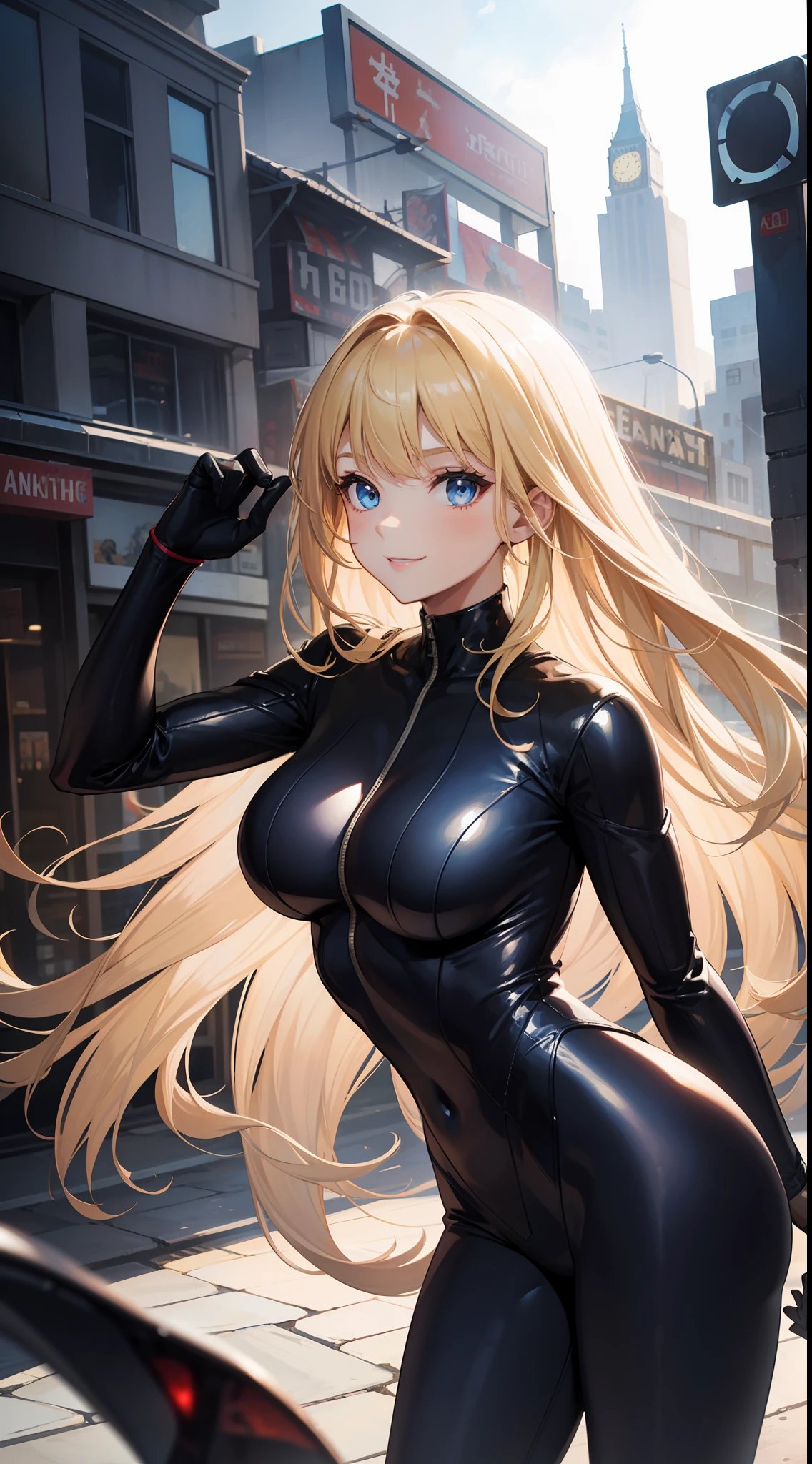 young girl, longue blonde hair, blue eyes, Bio-organic suit, symbiote, Riot, ssmile, Masterpiece, hiquality