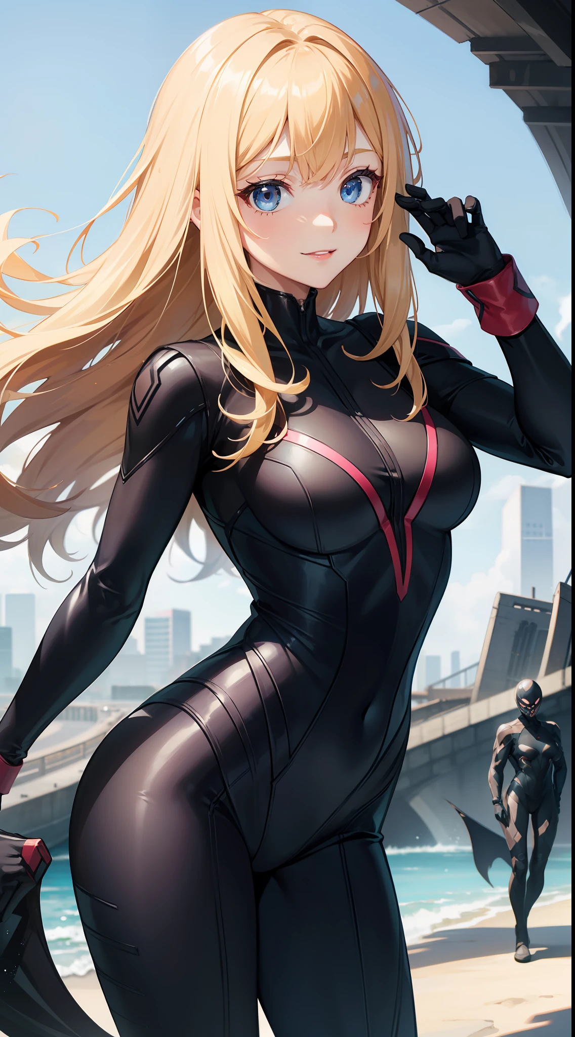 young girl, longue blonde hair, blue eyes, Bio-organic suit, symbiote, Riot, ssmile, Masterpiece, hiquality