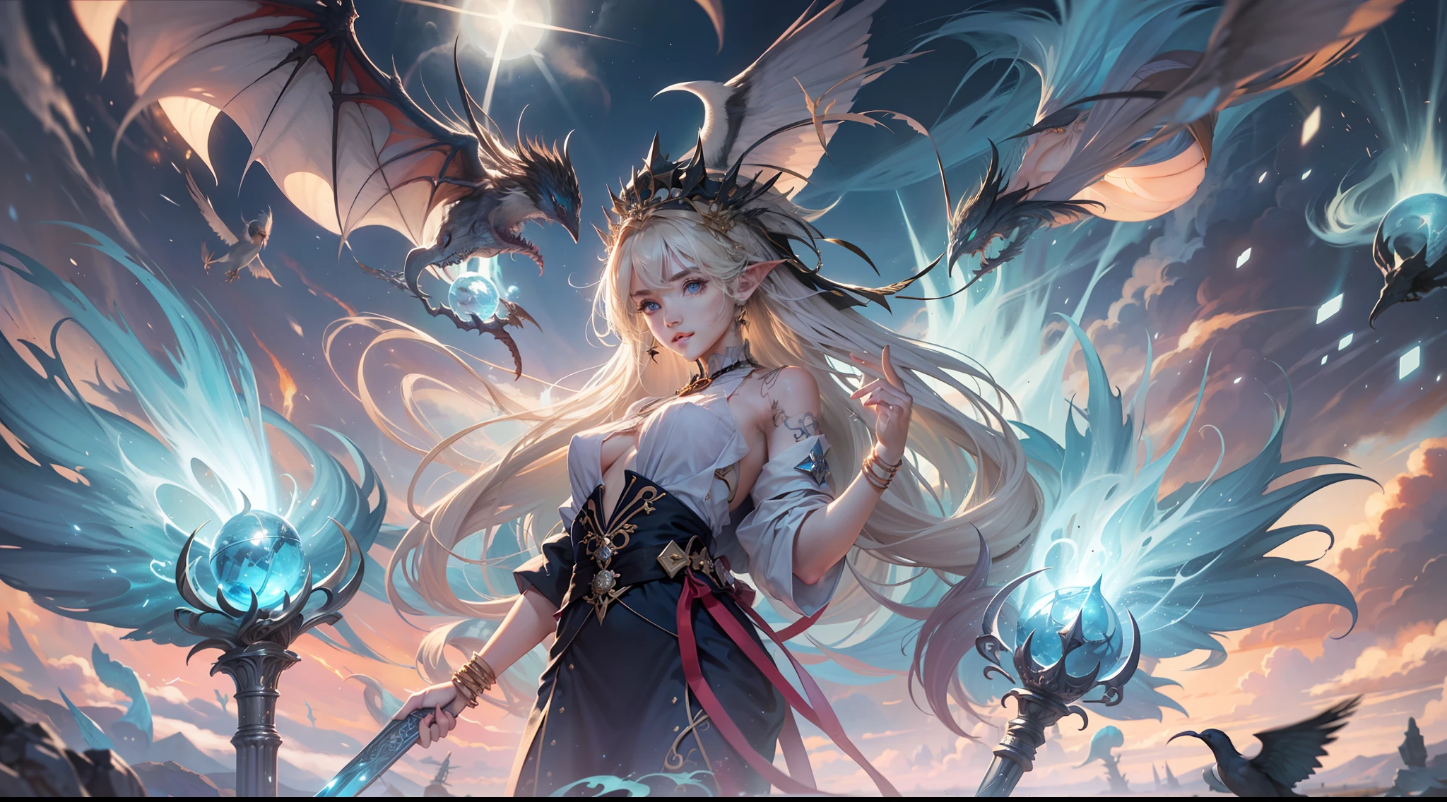 Magic Book,Blood,Night, Dark, (Fantasy),infinite,deep blue sky,The abyss of knowledge,Cowledge,((masutepiece)), (((Best Quality))),((Beautiful fine eyes)),(Eye lashes)、beautiful Girl、Dragon protecting a girl、(1人)、Golden hair、The long-haired、abyss eyes、glowy skin、oils、small tits、(Bird body、pluma)、Wizard robes、tattered cloth、Tee、elvish、Super delicate CG Unity 32k wallpaper、masterpiece, ((ultra-detailliert)), ((illustratio)),colourfull,wall-paper,The energy,Unknown terror,Incomprehensible,Around the magic,Magical surroundings,magic wands,Boken,Flying pages,Know everything,Predict the future、Get to know the past、Infinite wisdom、blue flames、Warlock、magic circles、Pentagram、Spells、mantra、Singing magic