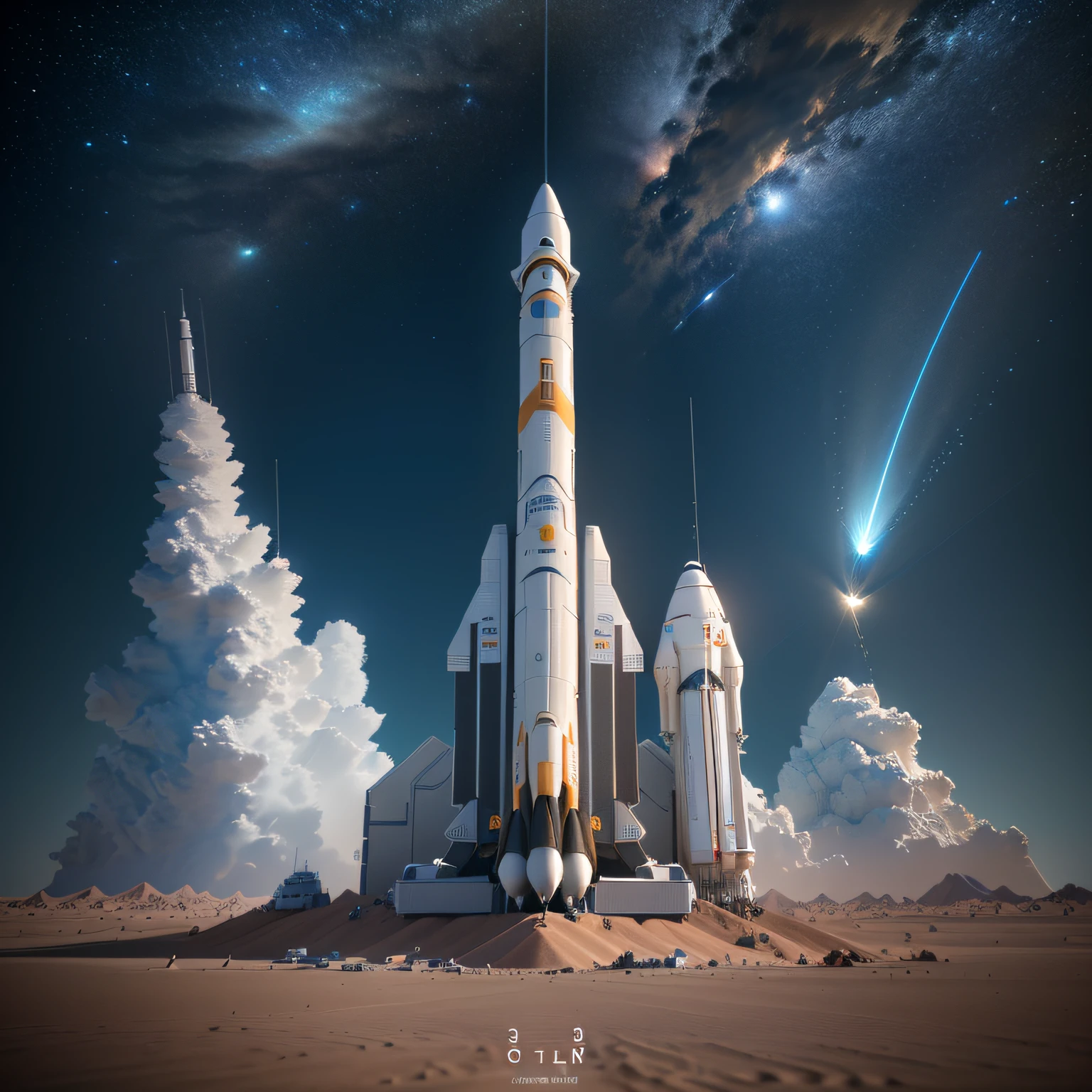 A model of a space rocket with a rocket launcher and other objects, depicted as a 3 d render, 3 d render of a scifi spaceport, Rendered in Cinema4D, rendered in cinema 4 d, rendered in keyshot, stylized 3d render, rendered in octane render 32k, hyper detailed 3d render, hyper detailed 3d render