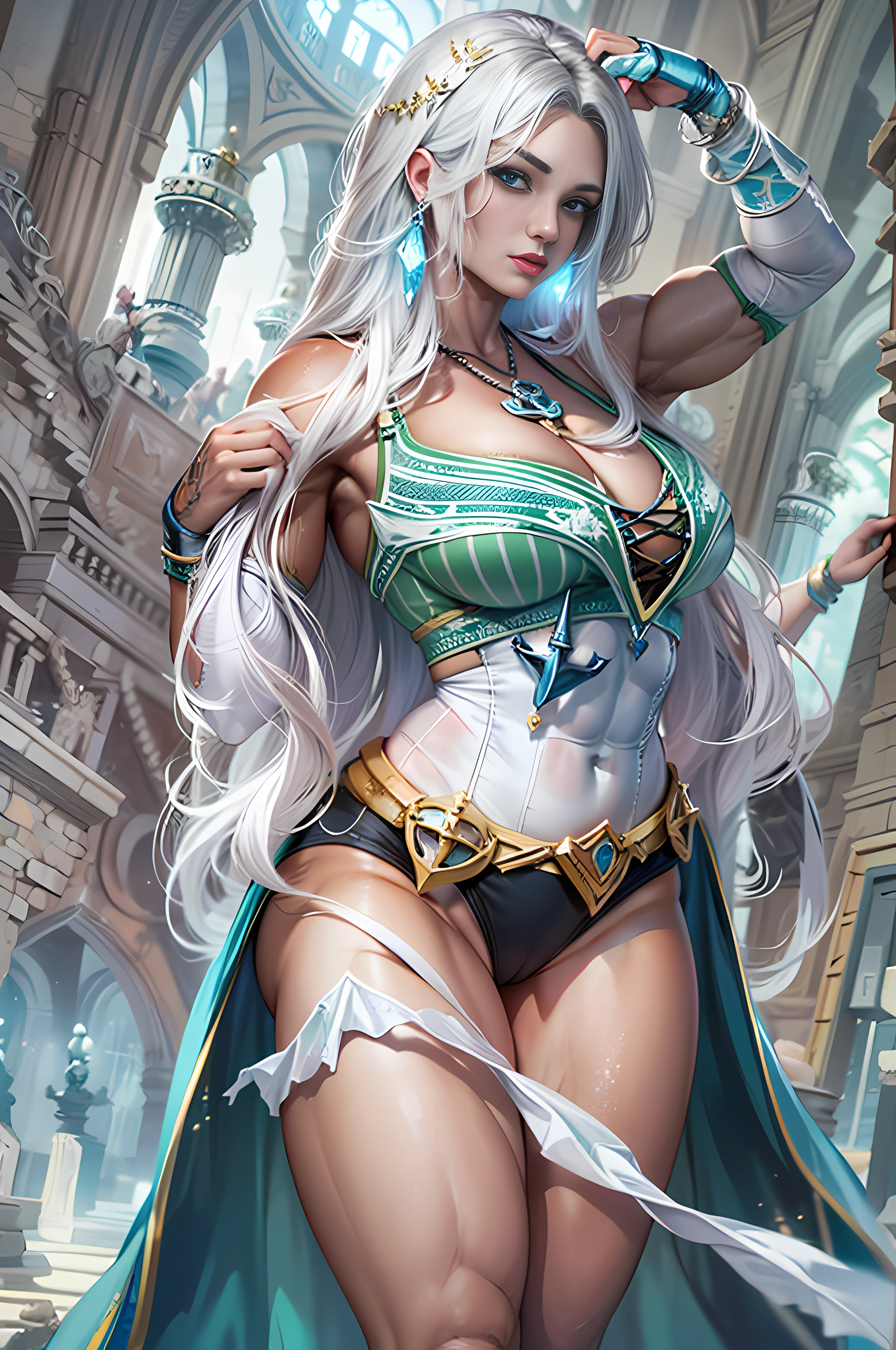 1girl, beautiful Valeea Sanguinar, girl's face, very curvy, perfect eyes, (feminine), (bodybuilder:1.4), (big breasts: 1.9), (giant muscular body), (flexing biceps), full big breasts, flexing muscles, white hair with (green stripes), braid, glowing blue eyes, mage, wizard, magic ice shards, white and blue very sexy cloth, very small bra, crop top, anchor pendant, pauldrons, magical palace, castle, looking at viewer, volumetric lighting, best quality, masterpiece