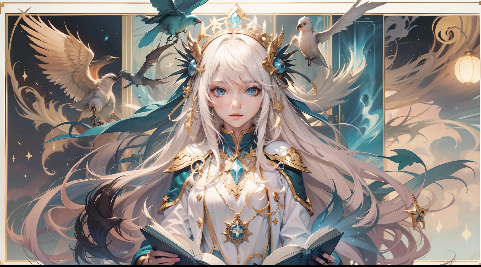Magic Book,Blood,Night, Dark, (Fantasy),infinite,deep blue sky,The abyss of knowledge,Cowledge,((masutepiece)), (((Best Quality))),((Beautiful fine eyes)),(Eye lashes)、beautiful Girl、Dragon protecting a girl、(女の子1人)、Golden hair、The long-haired、abyss eyes、glowy skin、oils、small tits、(Bird body、pluma)、Wizard robes、tattered cloth、Teenchi、elvish、Super delicate CG Unity 32k wallpaper、masterpiece, ((ultra-detailliert)), ((illustratio)),colourfull,wall-paper,The energy,Unknown terror,Incomprehensible,Around the magic,Magical surroundings,magic wands,Boken,Flying pages,Know everything,Predict the future、Get to know the past、Infinite wisdom、blue flames、Warlock、magic circles、Pentagram、Spells、mantra、Singing magic