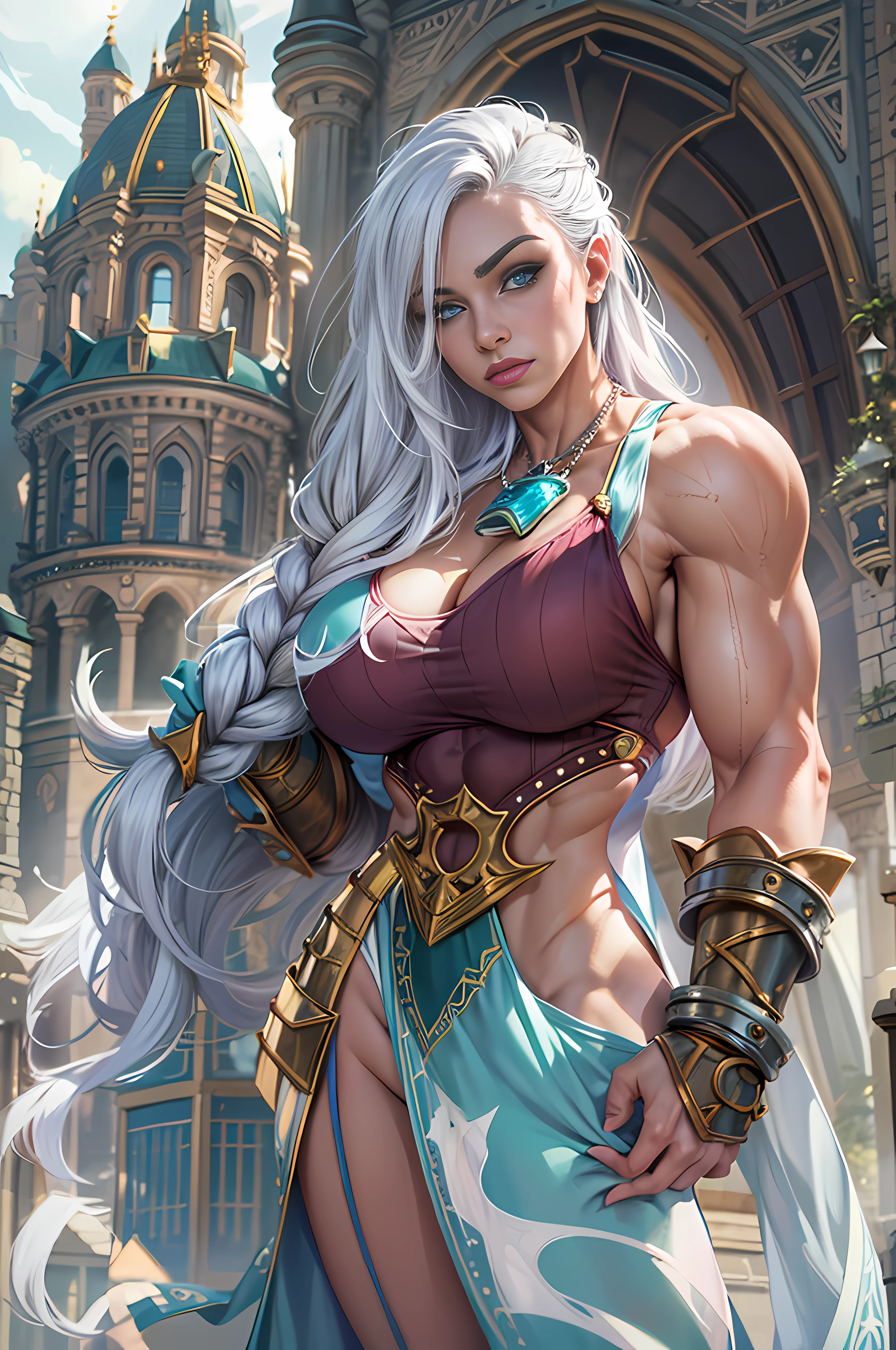 1girl, beautiful Valeea Sanguinar, girl's face, very curvy, perfect eyes, (feminine), (bodybuilder:1.4), (big breasts: 1.9), (giant muscular body), (flexing biceps), full big breasts, flexing muscles, white hair with (green stripes), braid, glowing blue eyes, mage, wizard, magic ice shards, white and blue very sexy cloth, very small bra, crop top, anchor pendant, pauldrons, magical palace, castle, looking at viewer, volumetric lighting, best quality, masterpiece