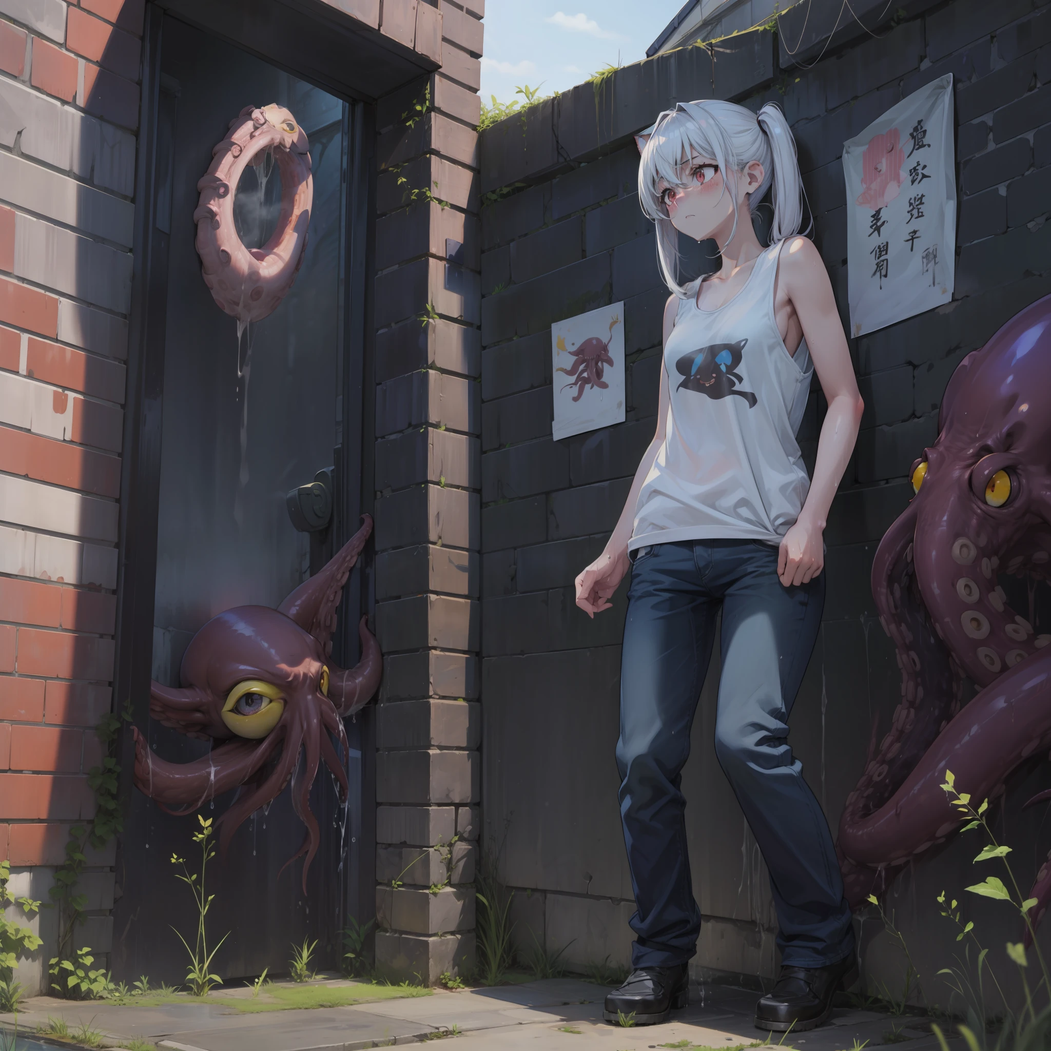 Dark back alley、the ground is wet、obscenity、Metamorphosis、one girls、small head、White-haired twin-tailed、Cat's ears、Big red eyes、red blush、The look of despair、涎、Spit、お漏らし、Beautiful abs、Black tank top、jeans、discreet breasts、Super giant octopus、Multiple eyes、Touching the crotch、Tentacles are touching the chest、