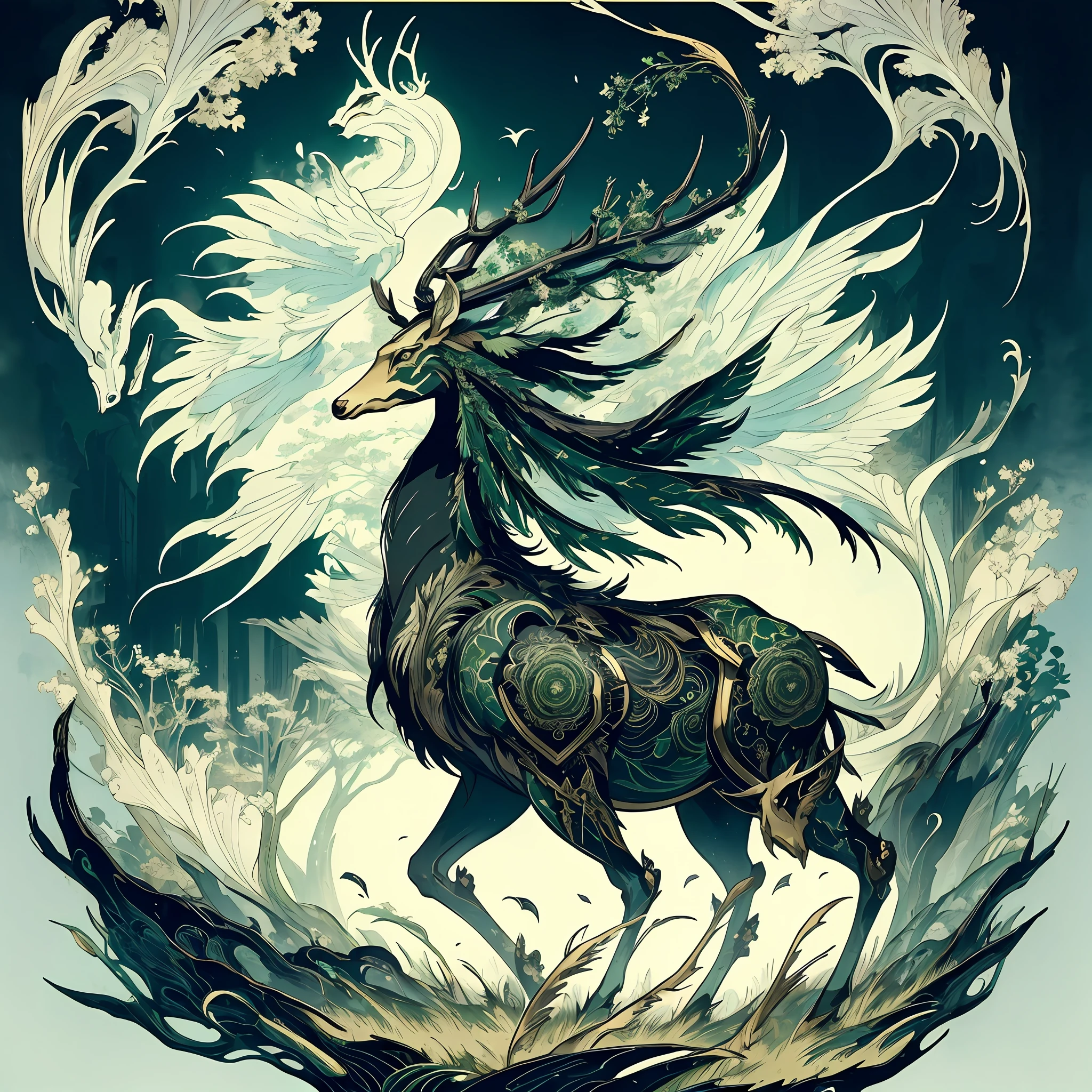 (Legendary Deer), Crane, (A Divine Beast), Dynamic Body Type, Deer, Monster, Handsome, Splashed Ink, ((Full Body)), ((2D)), Delicate Silhouette, Fantasy Art, (Black and Green Antique Brocade Hanfu), FOV, (Masterpiece), Front Shot, Side Portrait, White Background, (Movie Poster), Sharp, Splash, Petals, Empty, Sky, (Wide Angle Lens), Vista, highly detailed, shadowverse style