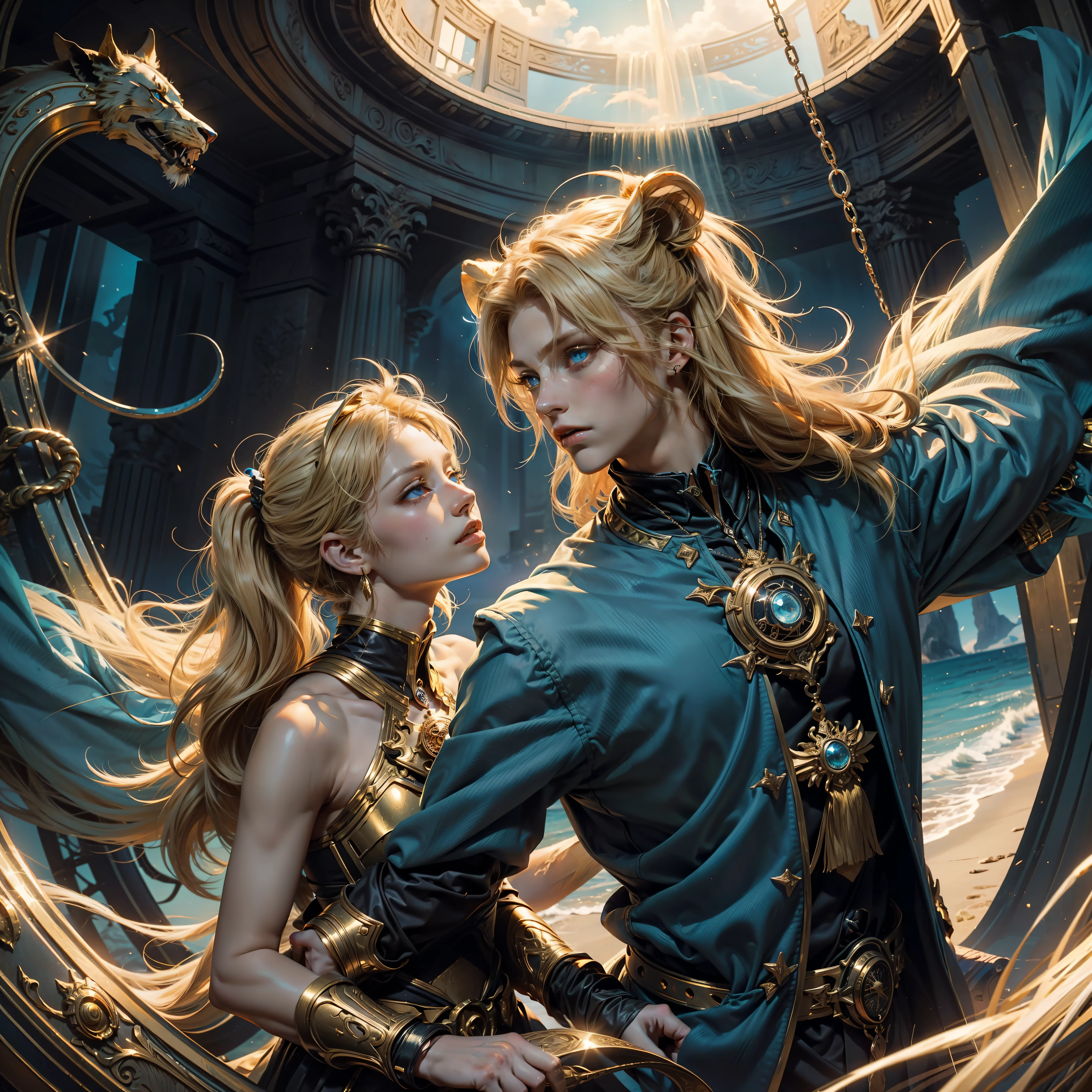 Background with：Magic Golden Leo astrolabe, Blazing golden sun body：A teenager（Don't get angry, Handsome face, Aqua blue eyes, Tufts of blonde hair, A few small pigtails tied, By bangs, The skin is smooth and delicate, True and natural to the touch）, Next to him lies a male lion（Blonde hair, Handsome mane, Mighty and domineering, Ocean blue eyes, Particularly real）, photore, tmasterpiece, ultraclear, Conforms to the ???????, high detal, high qulity, Colorful, lightand shade contrast, Cinematic lighting effects