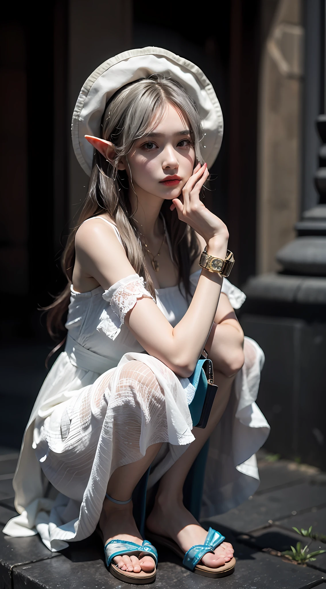 ((best qualtiy)), ((tmasterpiece)), (the detail:1.4), 3D, Beautiful elf beautiful girl in Western European style,Cute little loli,Elf long ears,Normal posture,(squating)(Silvery hair,dual horsetail:1.9),(Princess dress:1.6)(Flat sandals:1.6)estilo fantasia,closeup of face,Extremely normal hands,Extremely normal legs,hdr(HighDynamicRange),Ray traching,NVIDIA RTX,Hyper-Resolution,Unreal 5,Subsurface scattering、PBR Texture、post-proces、Anisotropy Filtering、depth of fields、maximum definition and sharpness、Many-Layer Textures、Albedo e mapas Speculares、Surface coloring、Accurate simulation of light-material interactions、perfectly proportions、rendering by octane、Two-colored light、largeaperture、Low ISO、White balance、the rule of thirds、8K raw data