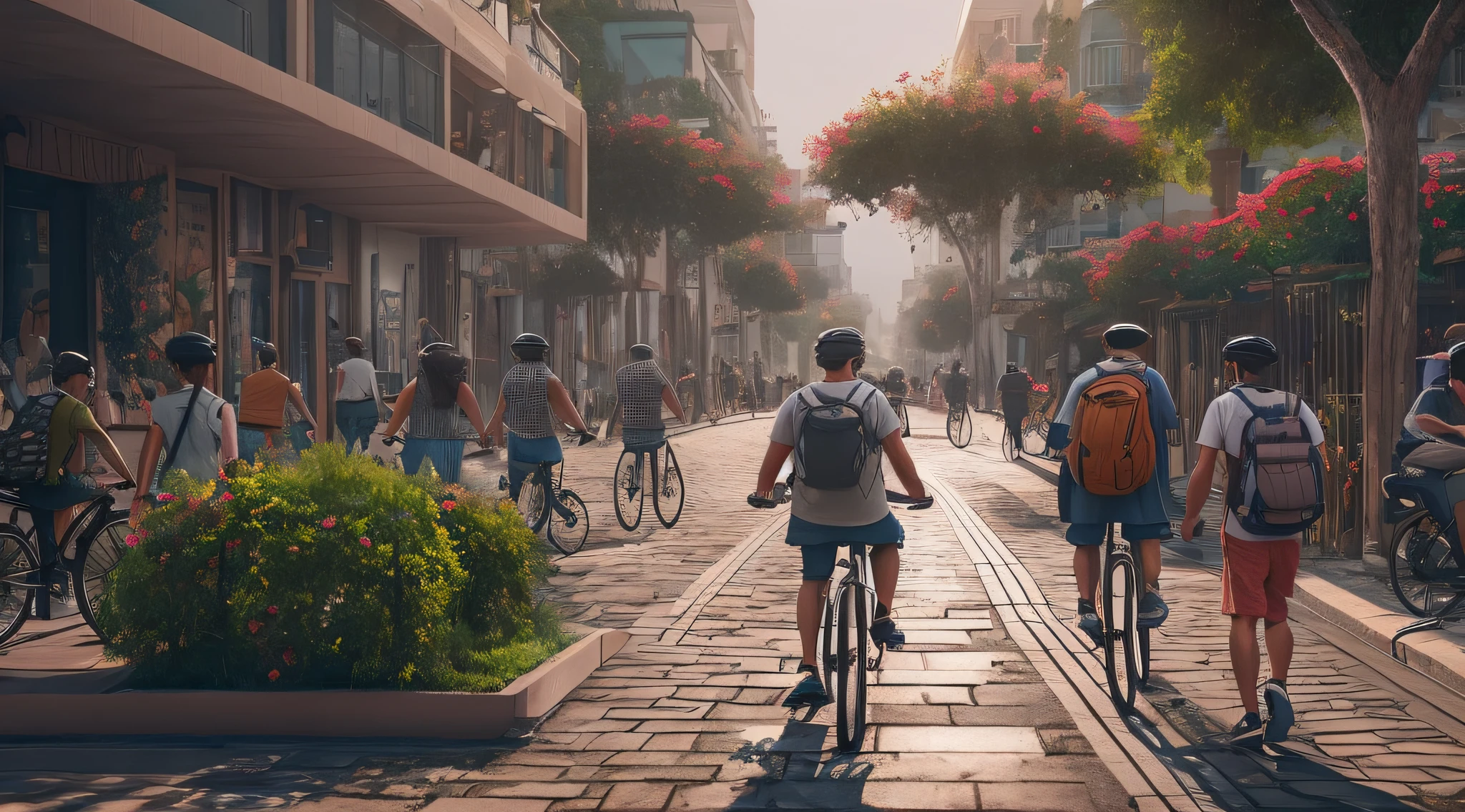 uma movimentada rua da cidade cheia de pessoas de corpo em detalhes perfeito. alguns caminhando e outros andando de bicicleta. The street is flanked by tall buildings, criando uma atmosfera futurista. There are countless people walking down the sidewalk, algumas carregando bolsas e mochilas. Some individuals are riding bicycles, Increasing the scene realistic image in cinematic 4K. cinematic and epic image detailing.