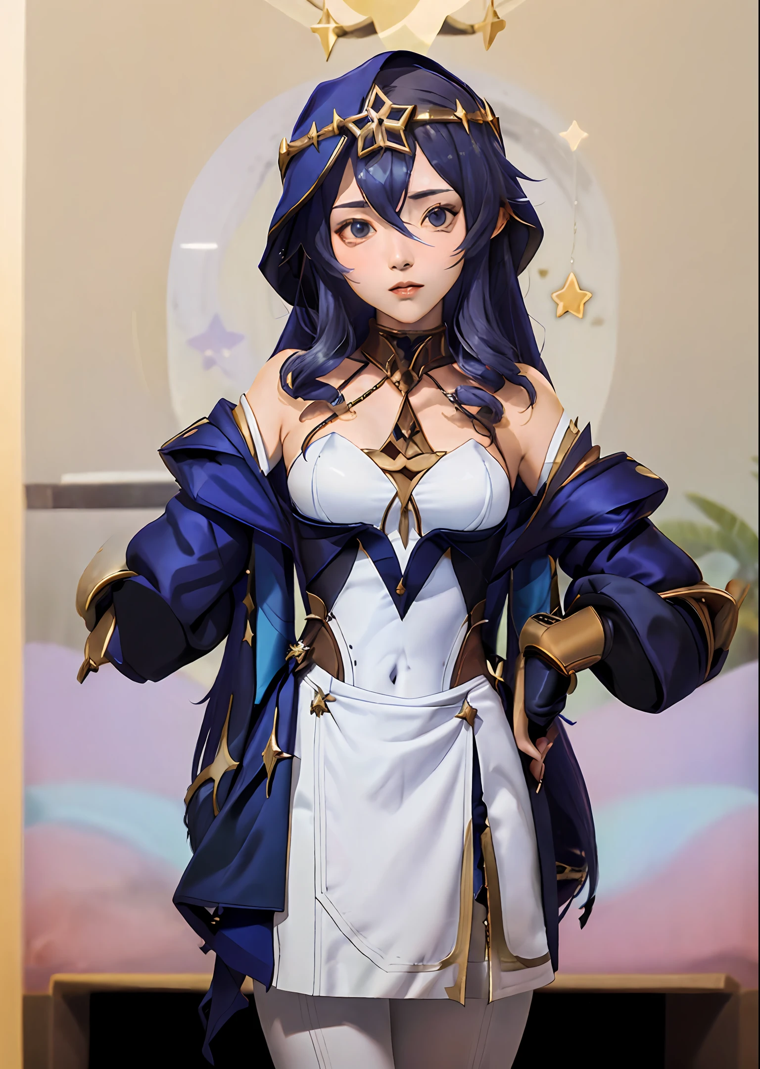 (master part:1.4), (best quality:1.2), Guardian Star Xayah, 1girl, mangas destacadas, saia azul, magical girl, Star Guardian \(Liga das Lendas\), gema, cabelo preto e branco, parte superior do corpo, cowboy shot